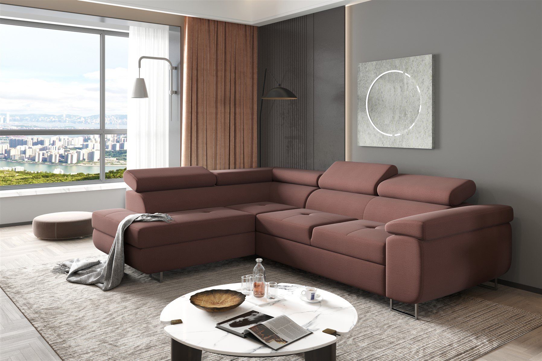 Fun Möbel Ecksofa Couchgarnitur JADE Stoff Bordeauxrot Schlaffunktion Ottomane, 1 Teile, mit Schlaffunktion