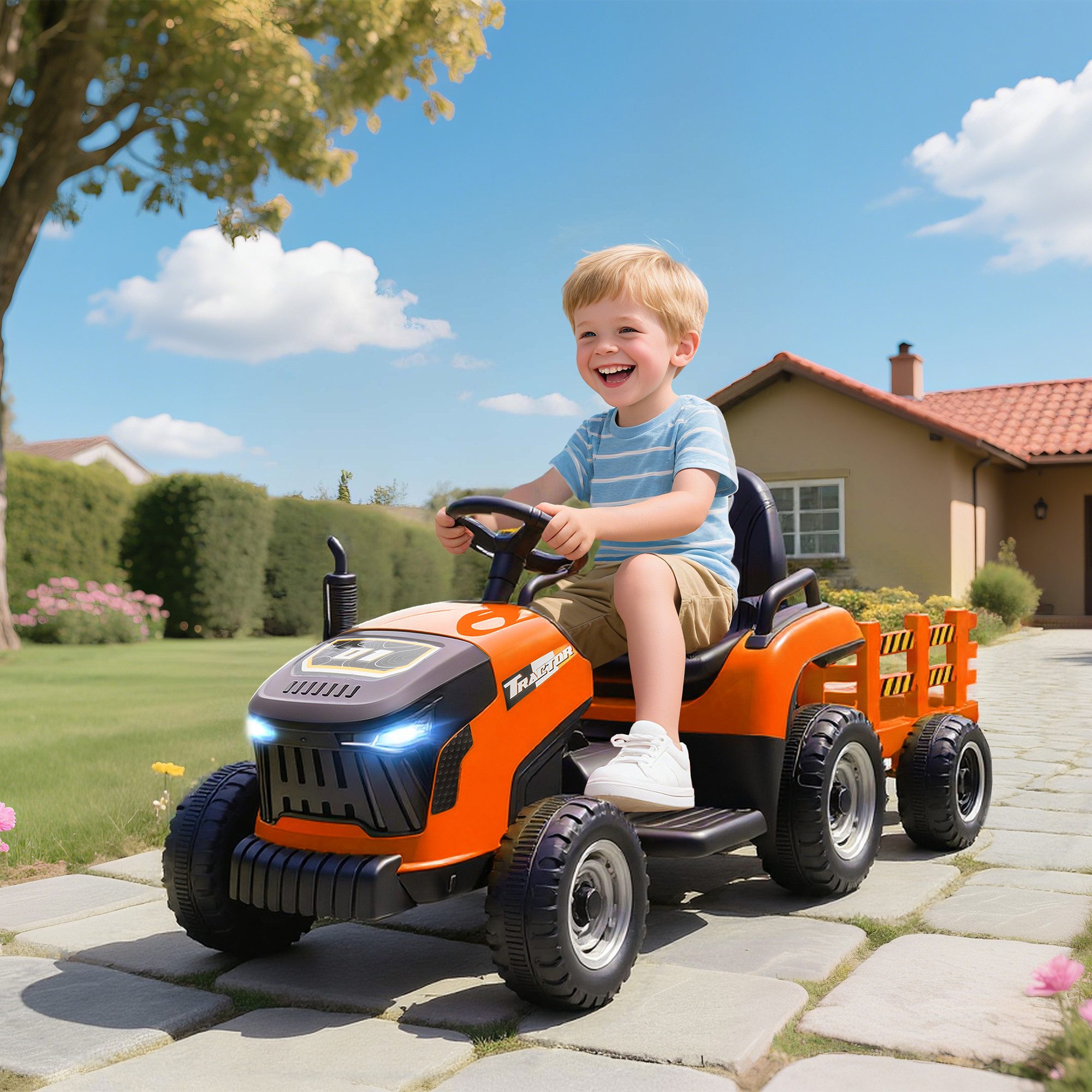 AIYAPLAY Elektro-Kindertraktor Aufsitz-Traktor mit Fernbedienung, Belastbarkeit 30 kg, (1-tlg), Soft-Start-Funktion, für Kinder im Alter von 3-8 Jahren, Orange