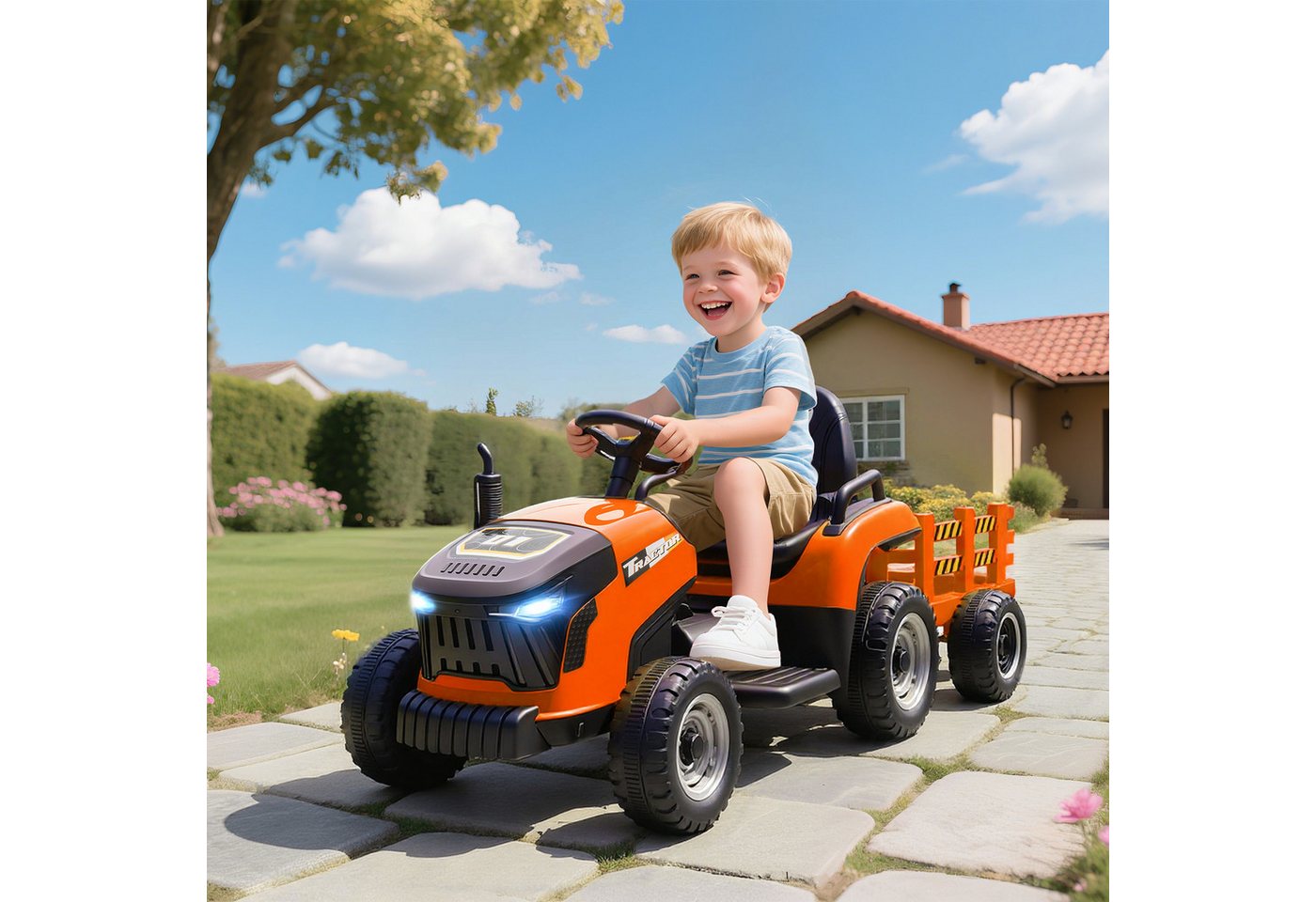 AIYAPLAY Elektro-Kindertraktor Aufsitz-Traktor mit Fernbedienung, Belastbarkeit 30 kg, (1-tlg), Soft-Start-Funktion, für Kinder im Alter von 3-8 Jahren, Orange