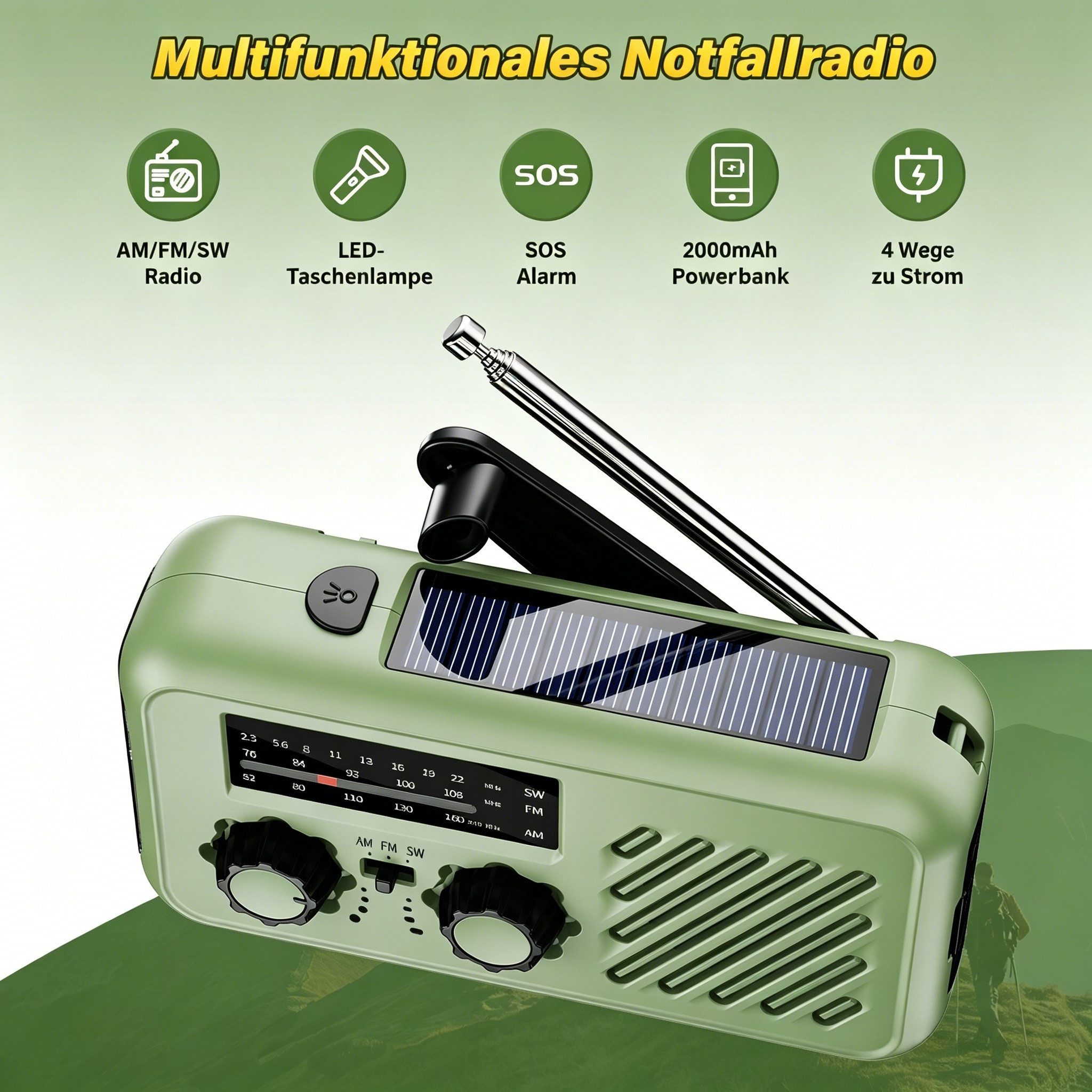 AIBISTAR Notfallradio,Solar Handkurbel Kurbelradio,AM/FM/SW mit Taschenlampe Notfallradio (SW, FM, AM, 5 W, mit austauschbarem 18650 Akku,SOS Alarm,Überlebenshilfe)