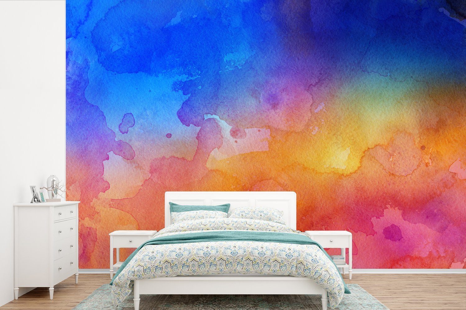 MuchoWow Fototapete Wasserfarben - Gelb - Blau - Orange, Matt, bedruckt, (6 St), Wallpaper für Wohnzimmer, Schlafzimmer, Kinderzimmer, Vinyl Tapete