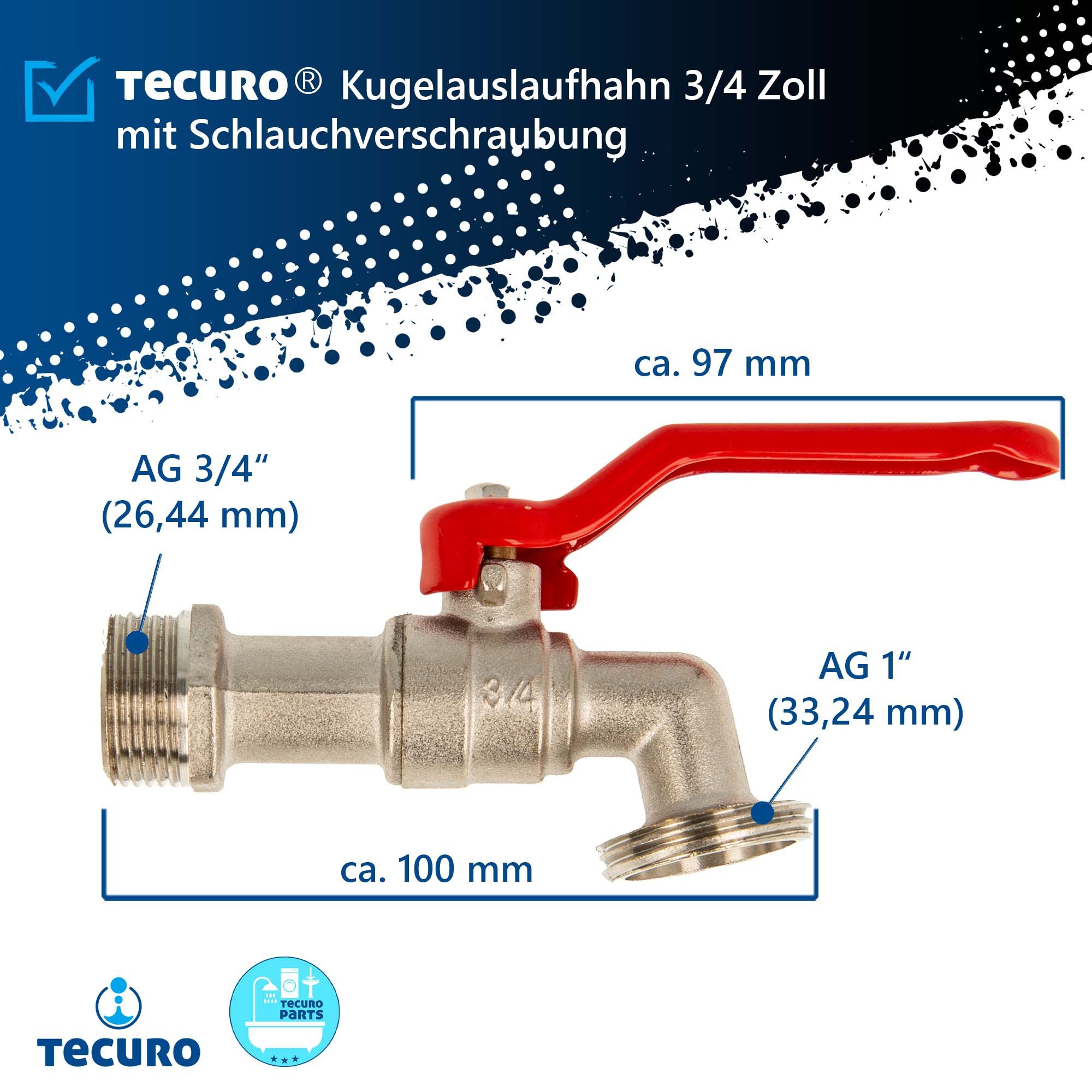 tecuro Absperrventil Kugelauslaufhahn Kugelventil 3/4 Zoll mit Schlauchverschraubung, Kunststoff-Schlauchverschraubung – Bild 3 von 5