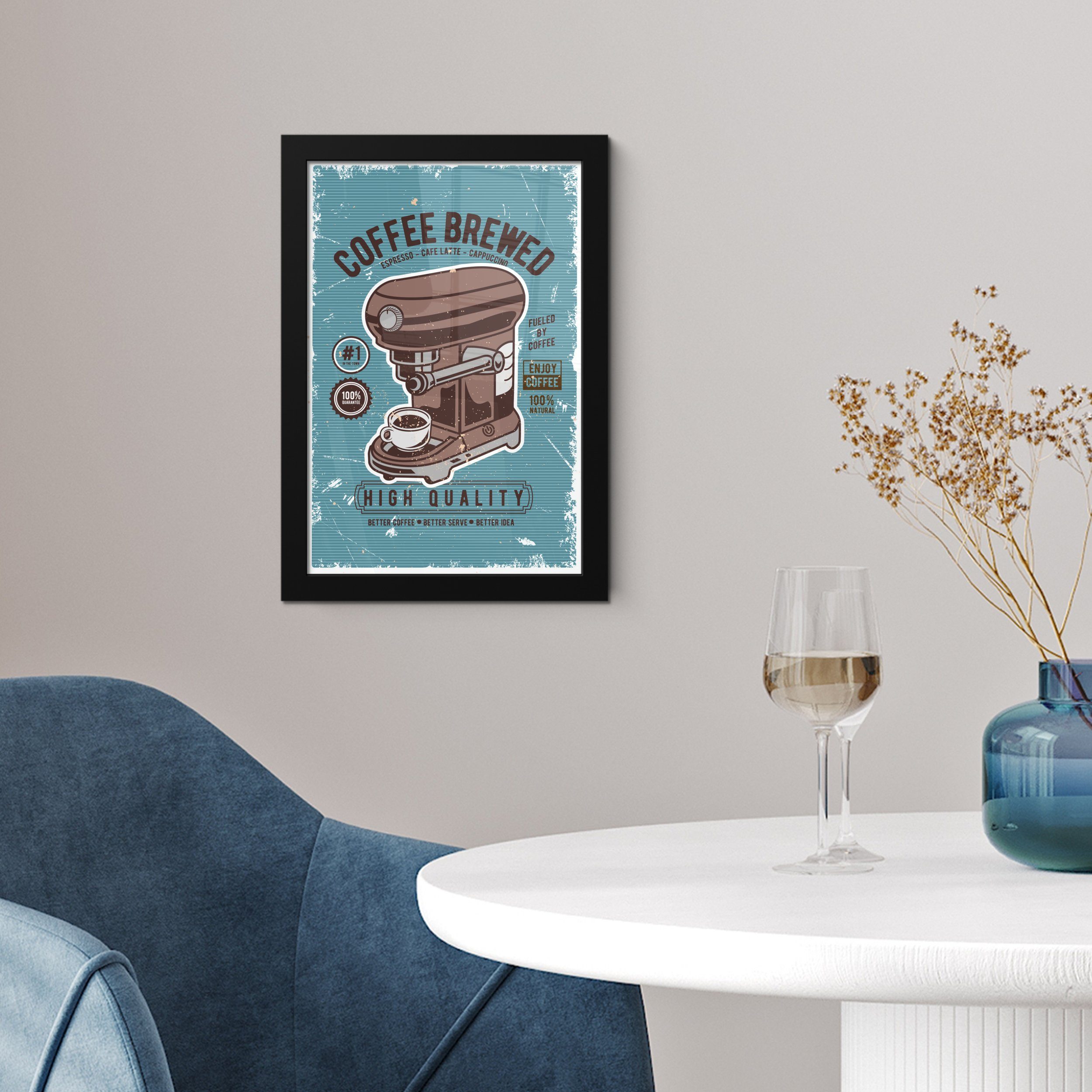 MuchoWow Bilderrahmen Zeichnung, Wandposter, Poster Schwarzem - - Wanddeko, - St), Kaffee Poster, (1 Bilder, Kaffeemaschine Gerahmtes Retro