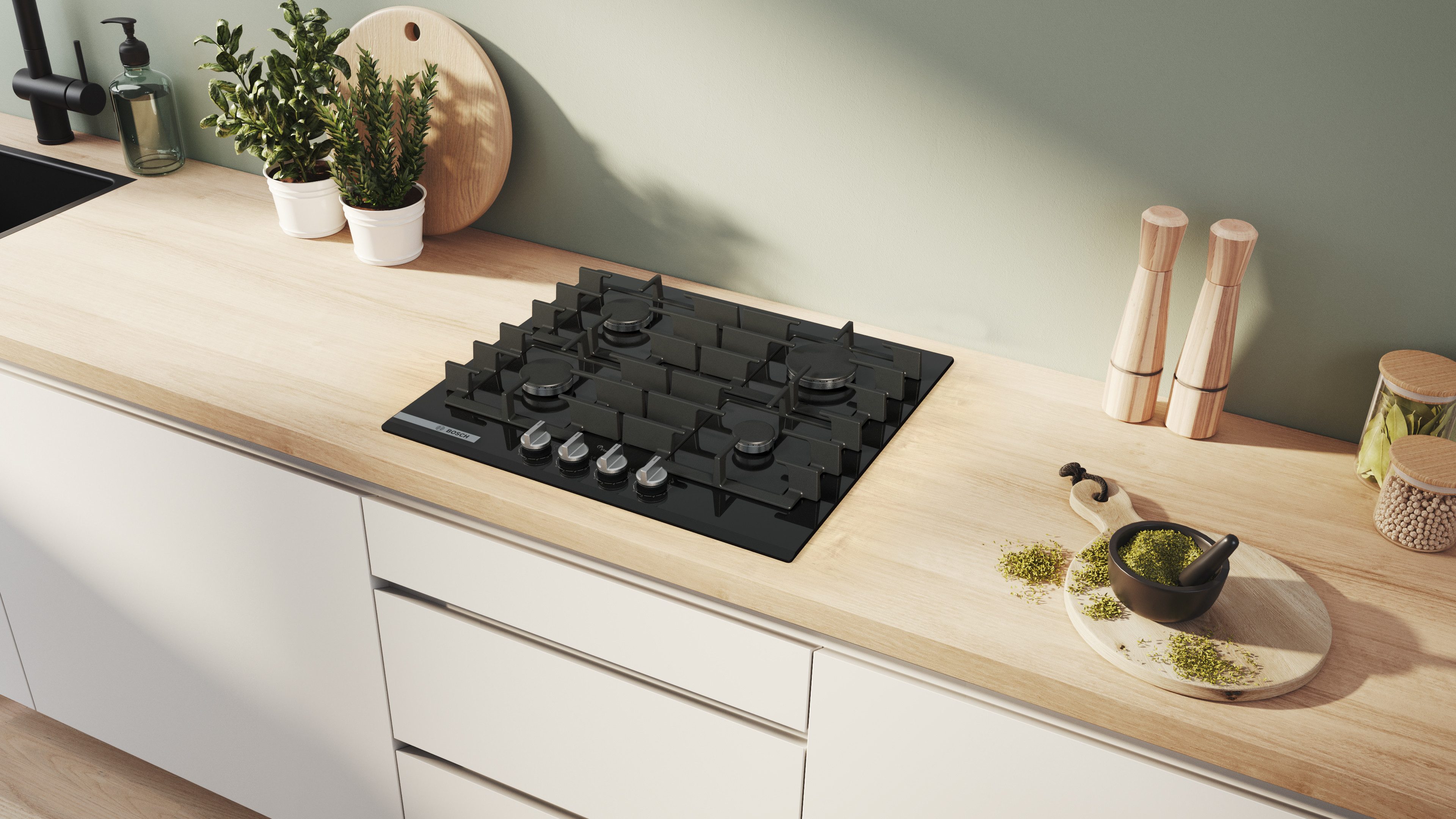 BOSCH Gas-Kochfeld Serie 8 PRP6A6H40, Präzises FlameSelect mit 9 Stufen & spülmaschinenfeste Topfträger