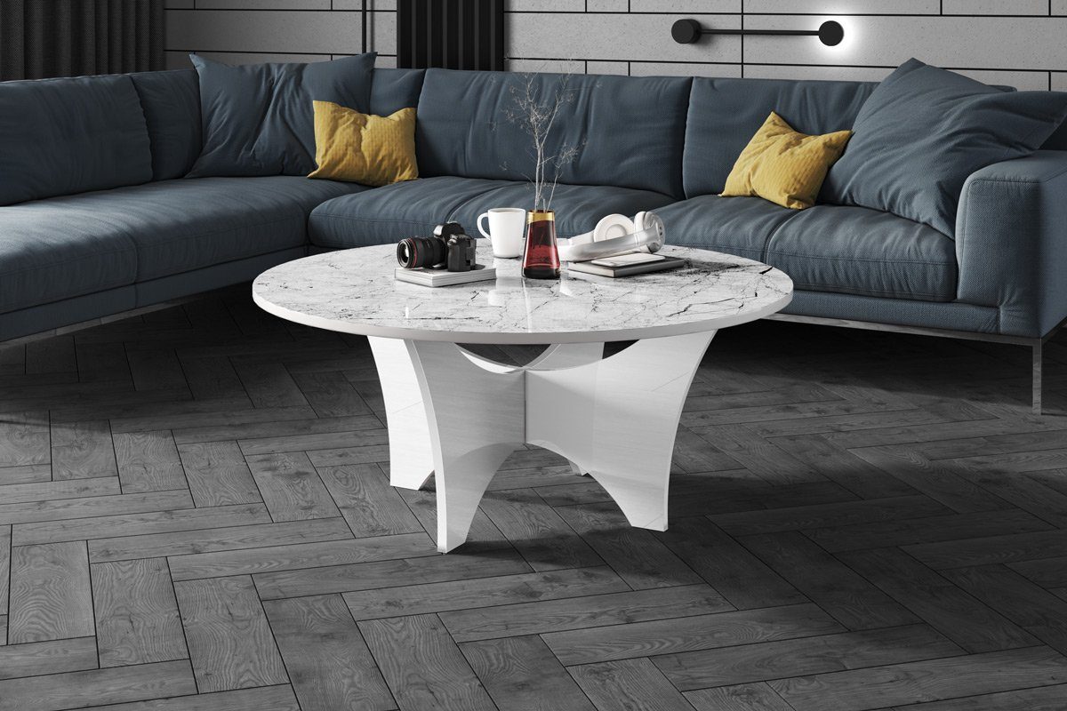 designimpex Couchtisch Design HRA-111 Hochglanz Wohnzimmertisch Rund Tisch 100 cm x 40 cm Marmoroptik Hochglanz - Weiß Hochglanz