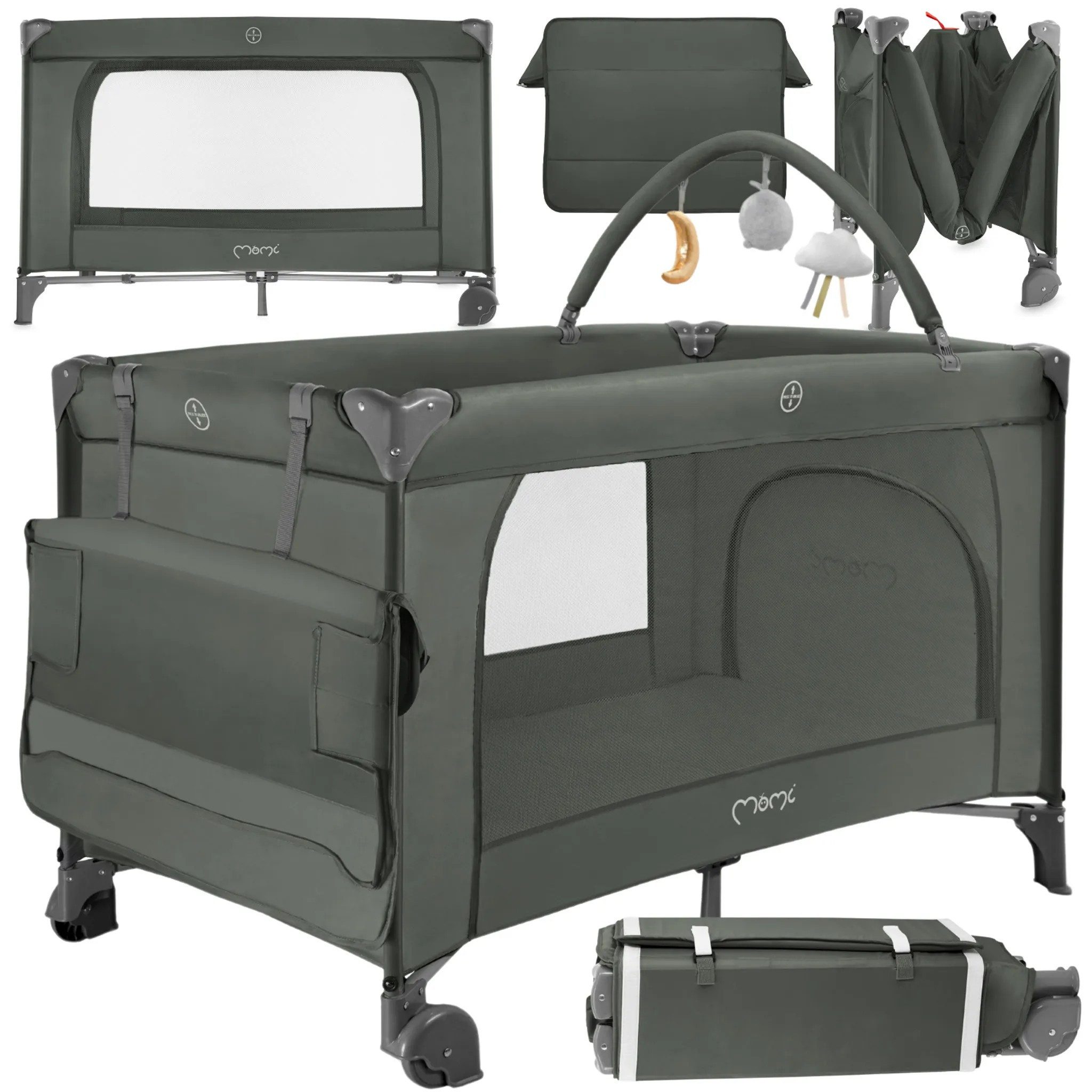 MoMi BELOVE PLUS Babyreisebett mit Matratze, Spielbogen, Wickeltisch, Beige