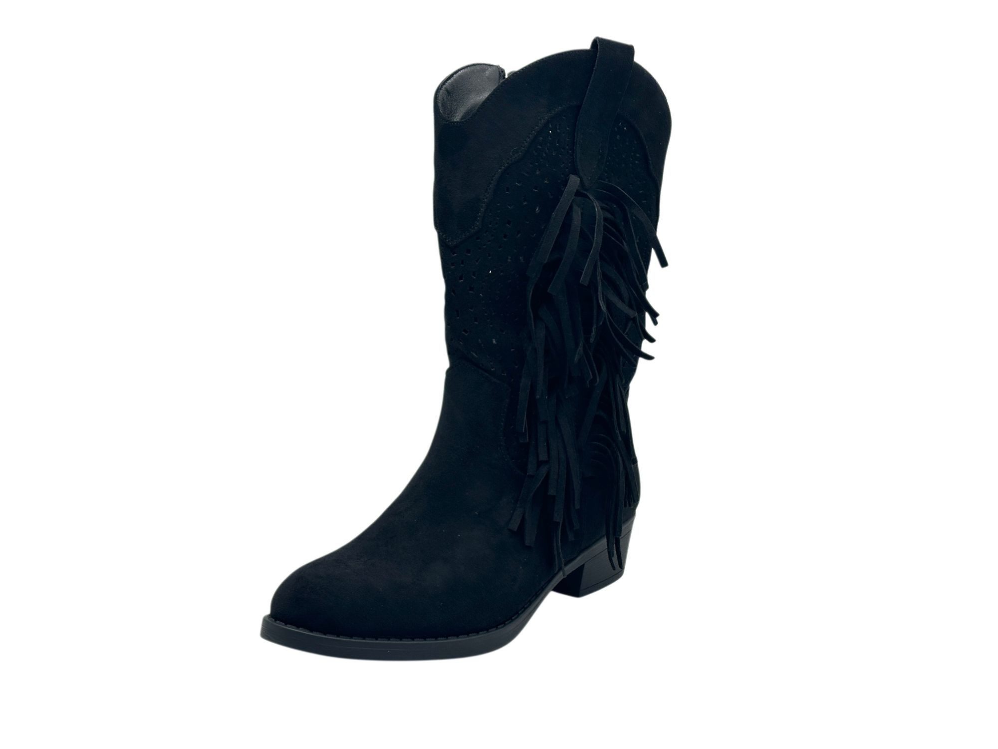 Nowaland Damen Western Stiefelette mit Fransen und Lochmuster Stiefelette Weiche Veloursleder-Optik mit stabilem Blockabsatz – Bild 2 von 5