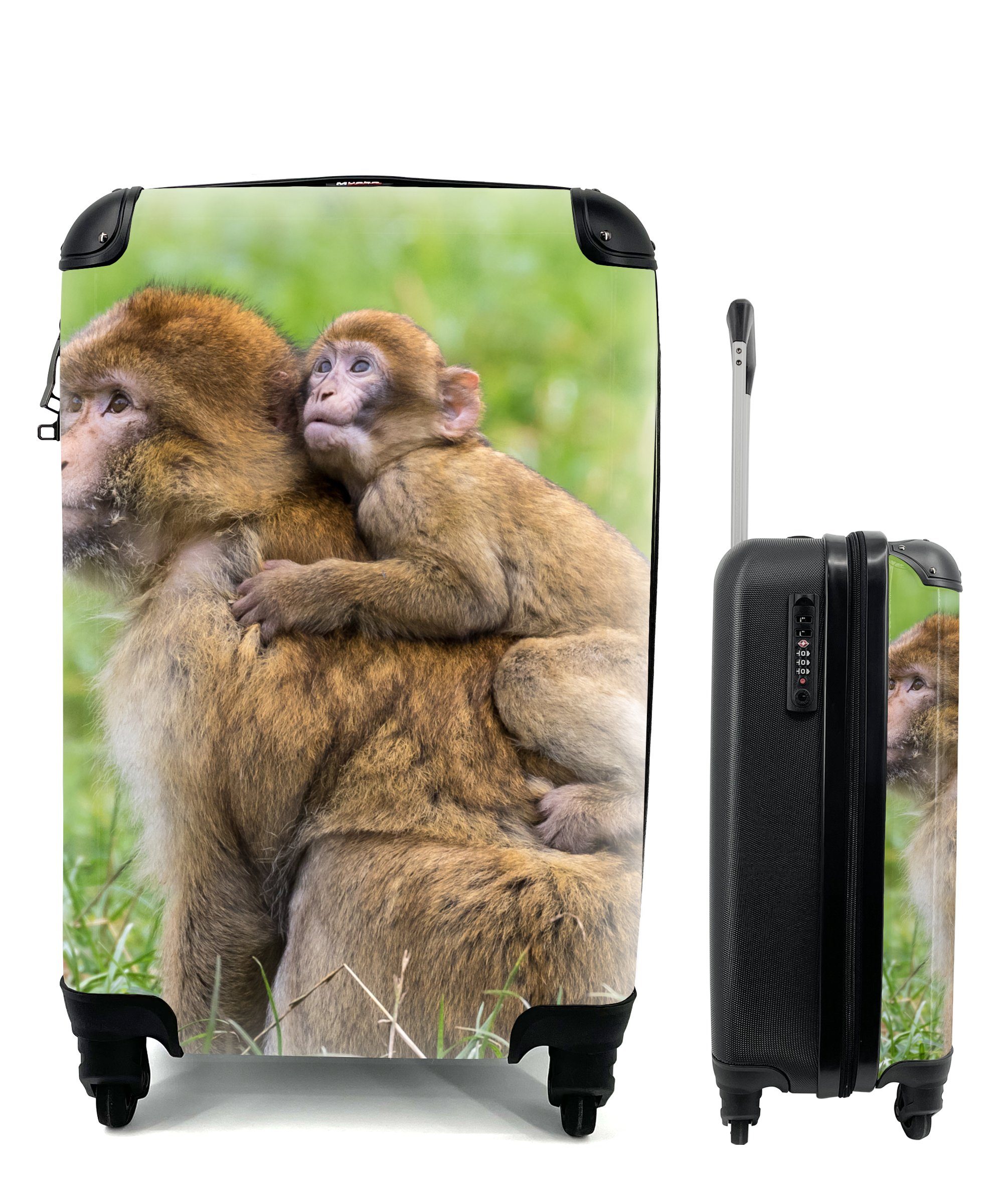 MuchoWow Handgepäckkoffer Affe - Baby - Gras, 4 Rollen, Reisetasche mit rollen, Handgepäck für Ferien, Trolley, Reisekoffer
