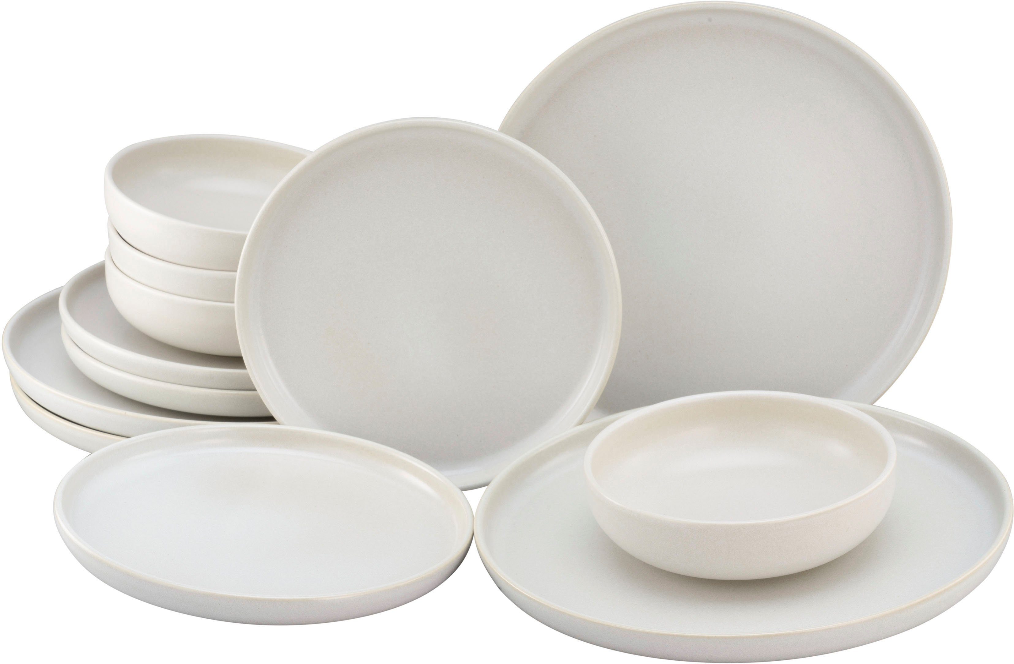 CreaTable Tafelservice Uno (12-tlg), 4 Personen, Steinzeug, Teller Set, weiche, harmonisch ausbalancierte Form