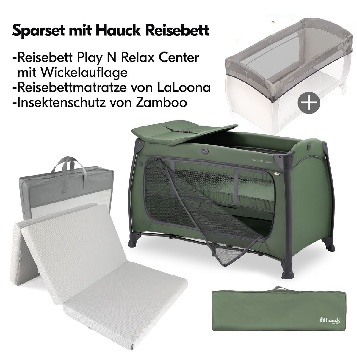 Hauck Baby-Reisebett Play N Relax Center Set - Dark Green, Babyreisebett mit Matratze, Insektenschutz, Wickelauflage & Einhang