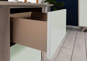Massivmoebel24 Kleiderschrank TROMSO (Moderner Schreibtisch mit 3 Schubladen, modernen, braun lackiert 160x80x76 Akazie) Skandi-Stil, Push to Open - Funktion, Glasfront auf MDF, Einlegeböden herausnehmbar, glatte Oberfläche