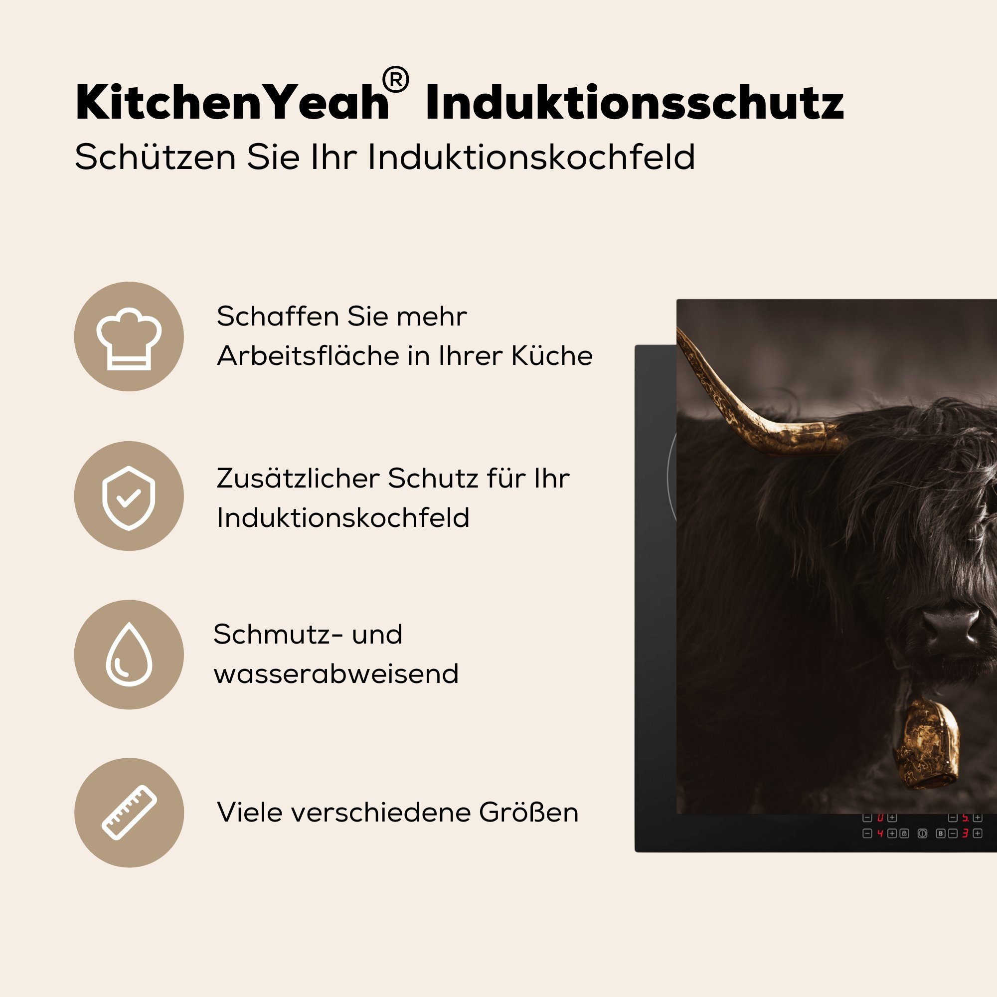 - Schottischer Gold tlg), Highlander MuchoWow Herdblende-/Abdeckplatte Vinyl, Arbeitsplatte cm, (1 78x78 küche Kuhglocke, für Ceranfeldabdeckung, -