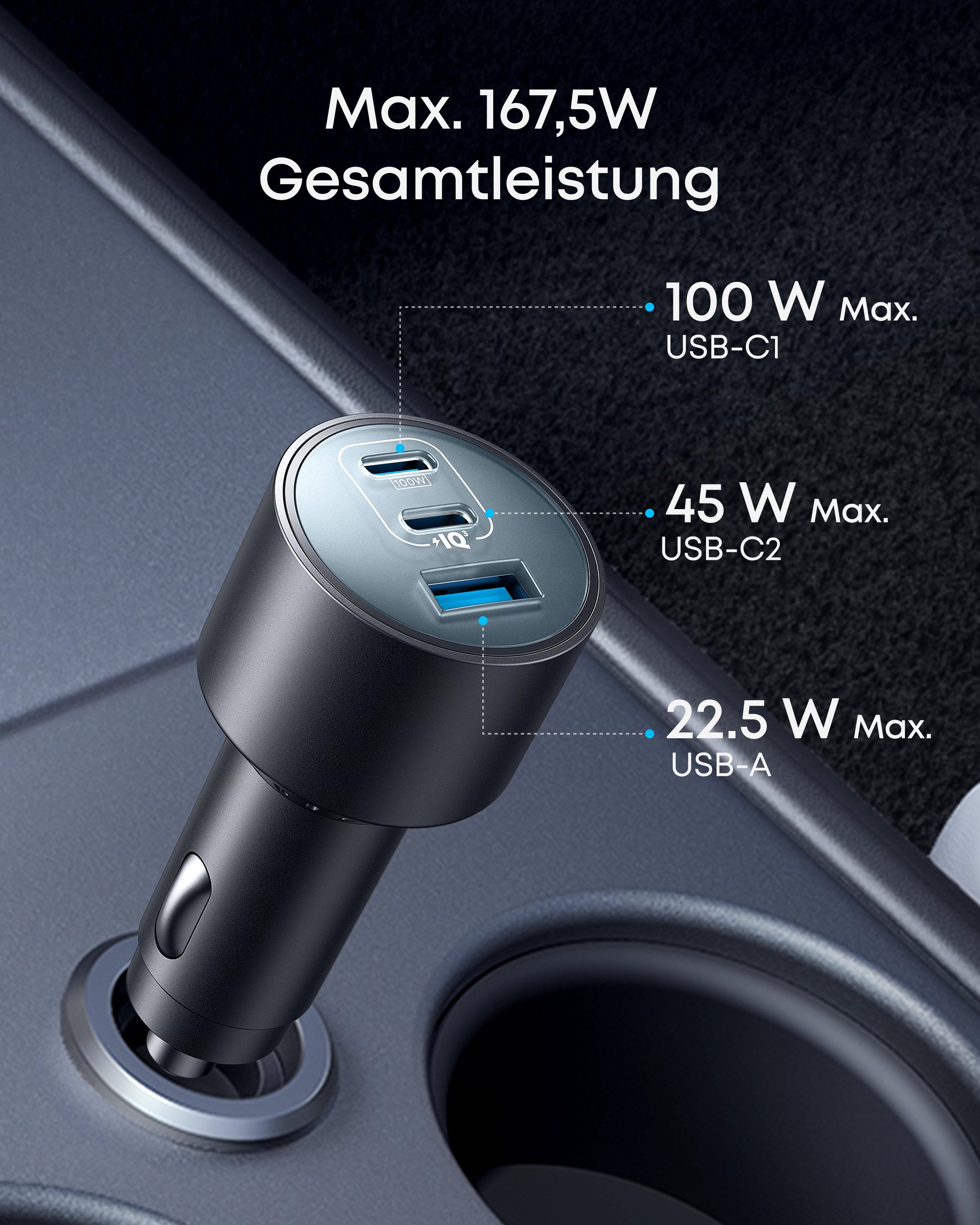 Anker Anker 167,5W Zigarettenanzünder USB C, 3-Port Typ-C Auto Autobatterie-Ladegerät (2-teiliges Set: Kfz-Ladegerät und 1m USB-C auf USB-C Kabel., Kompaktes Kf Ladegerät für MacBook Pro/Air, iPhone, Samsung, und mehr)