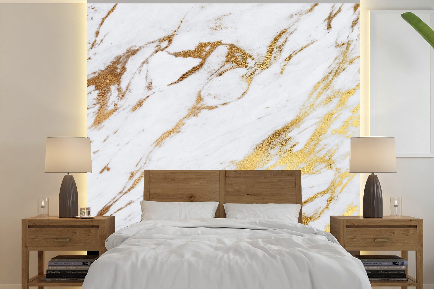 Wohnzimmer (5 oder für Wandtapete Matt, - bedruckt, Fototapete - MuchoWow Weiß Marmor Gold Vinyl Chic, - St), Schlafzimmer, Tapete