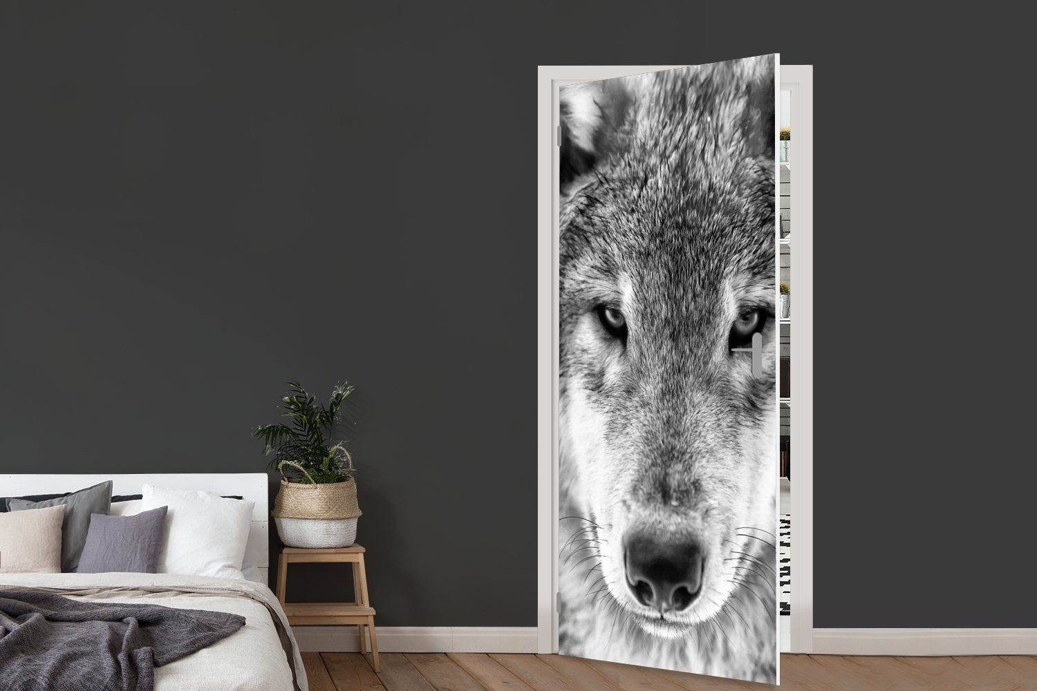 MuchoWow Türtapete Tierprofil Wolf cm und weiß, Türaufkleber, in schwarz 75x205 Fototapete bedruckt, St), Matt, für Tür, (1