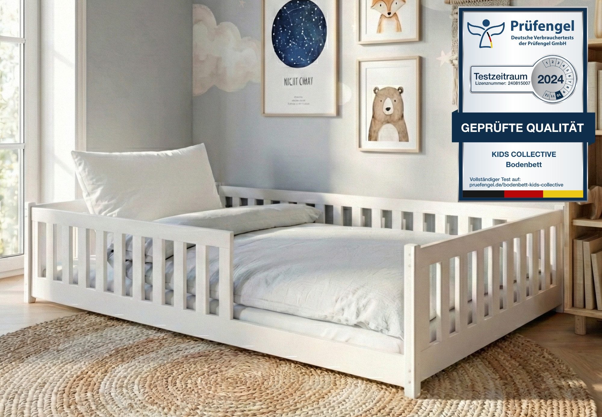 Kids Collective Kinderbett Bodenbett Bett mit Rausfallschutz & Lattenrost Montessori Bett Kinder (Jungen, Mädchen, Kinder, weitere Größen 80x160, 80x180, 90x190, 90x200, 120x200 cm), Jugendbett Gitterbett Einzelbett mit Matratze, Weiß 140x200 cm