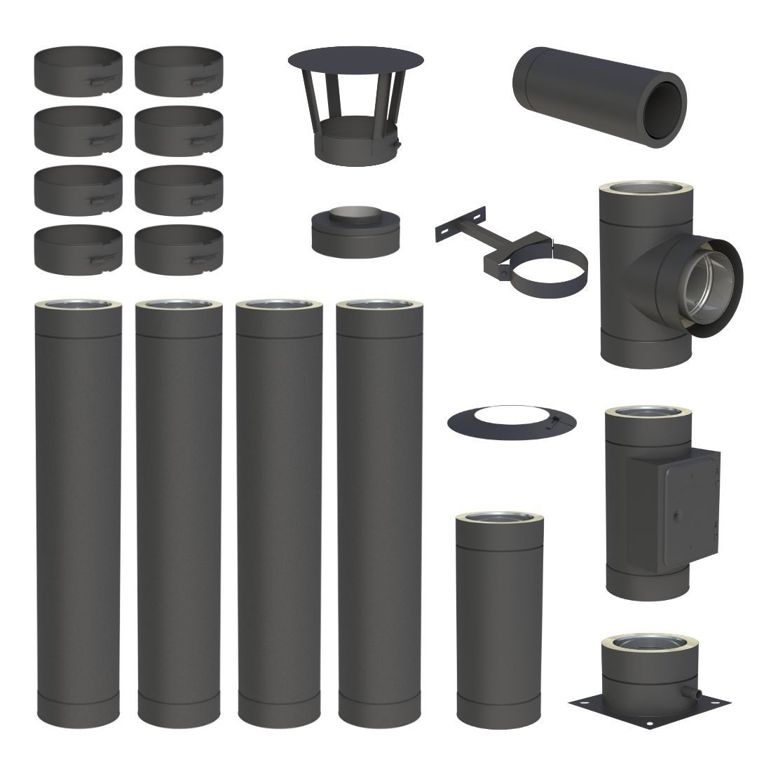 Jeremias Schornstein 5, 2 m Schornstein Ø150mm Komplettset DW DW-Black Bodenmontage, Ø 150 mm