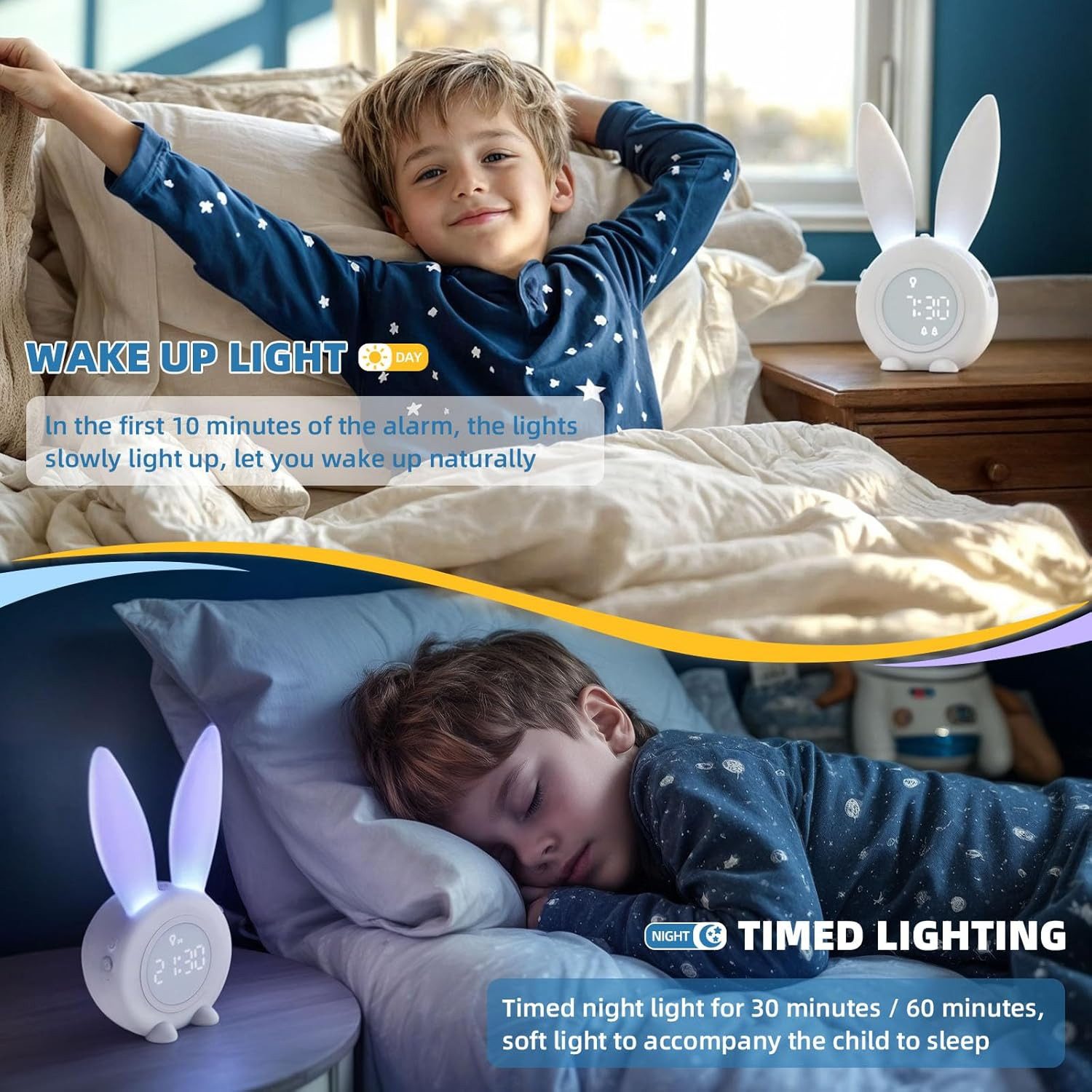 EXTSUD LED Nachtlicht Kinder Lichtwecker Cute Rabbit Kinderwecker, Creative Nachttischlampe Snooze-Funktion zeitgesteuertes Nachtlicht – Bild 4 von 4