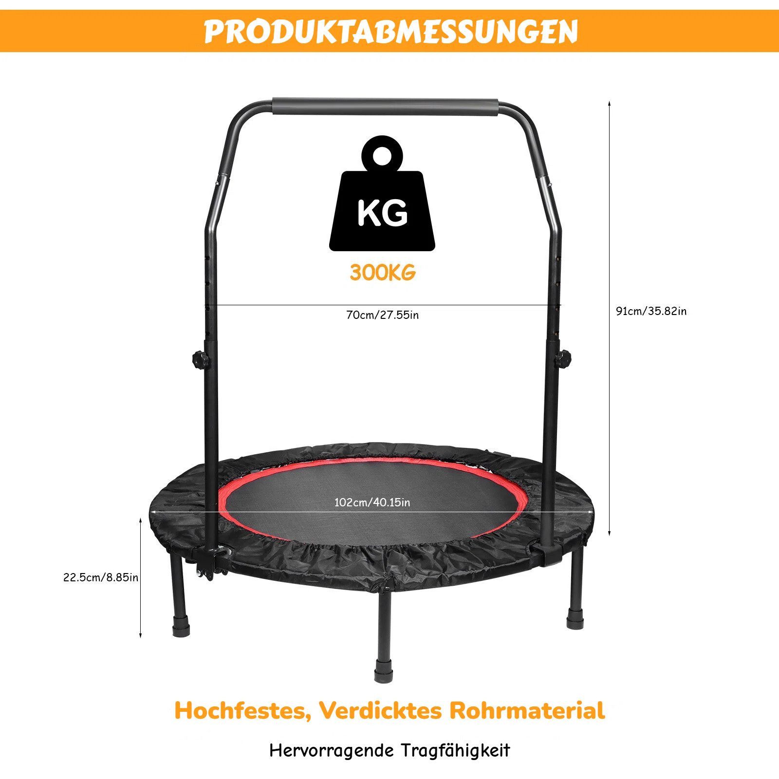 BlingBin Fitnesstrampolin 40 Zoll Faltbares Indoor-Fitness-Trampolin,max. Belastbarkeit: 300 KG, Ø 102 cm, (1 Stück, 1 tlg., Ø102cm 40 Zoll), mit 5 verstellbare Handgriffstufen, Ideal für Indoor-Training