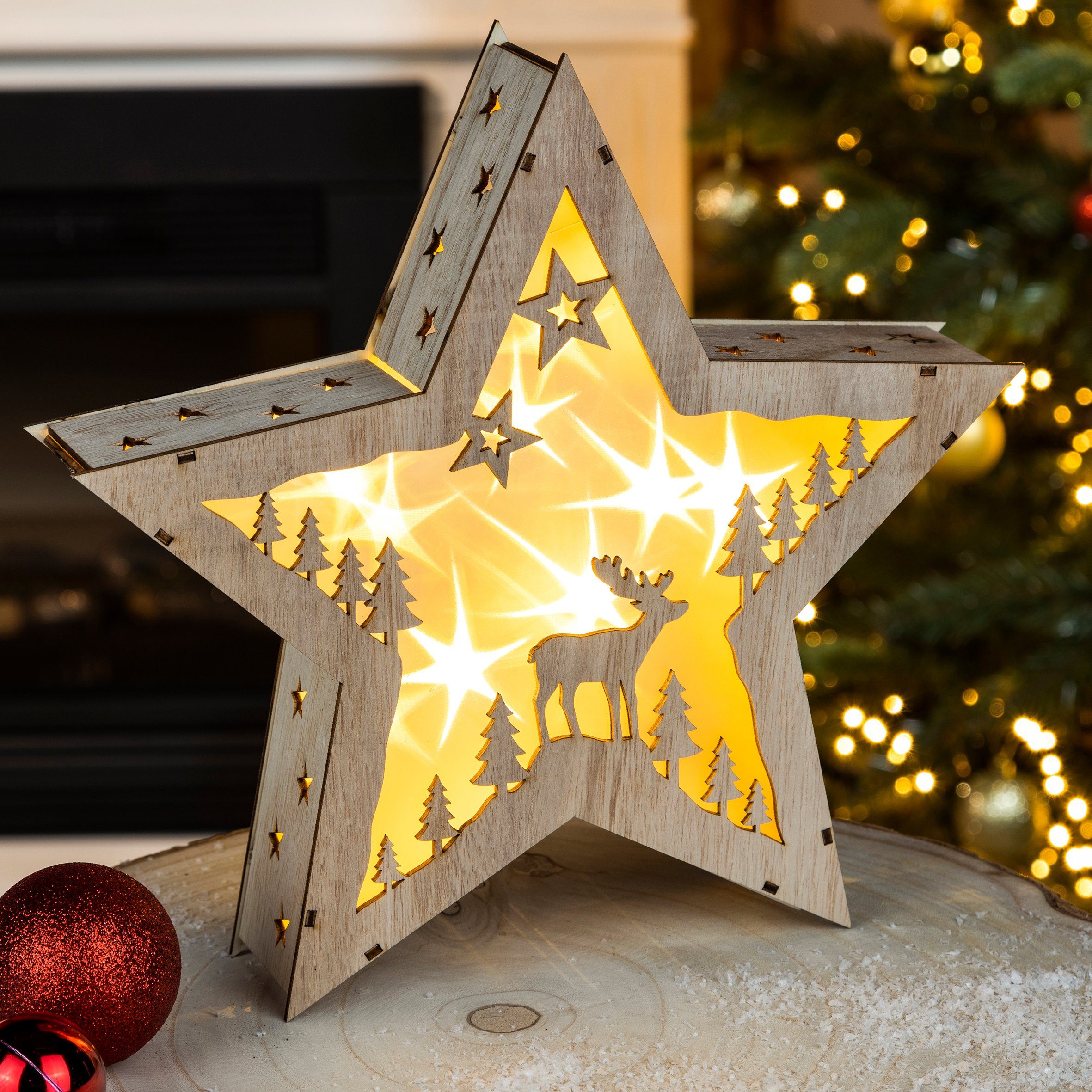 mit Warm-Weißen, Weihnachtskulisse LED integriert, HI Holzstern Stern fest Weihnachtsstern 10 LED Stehend mit