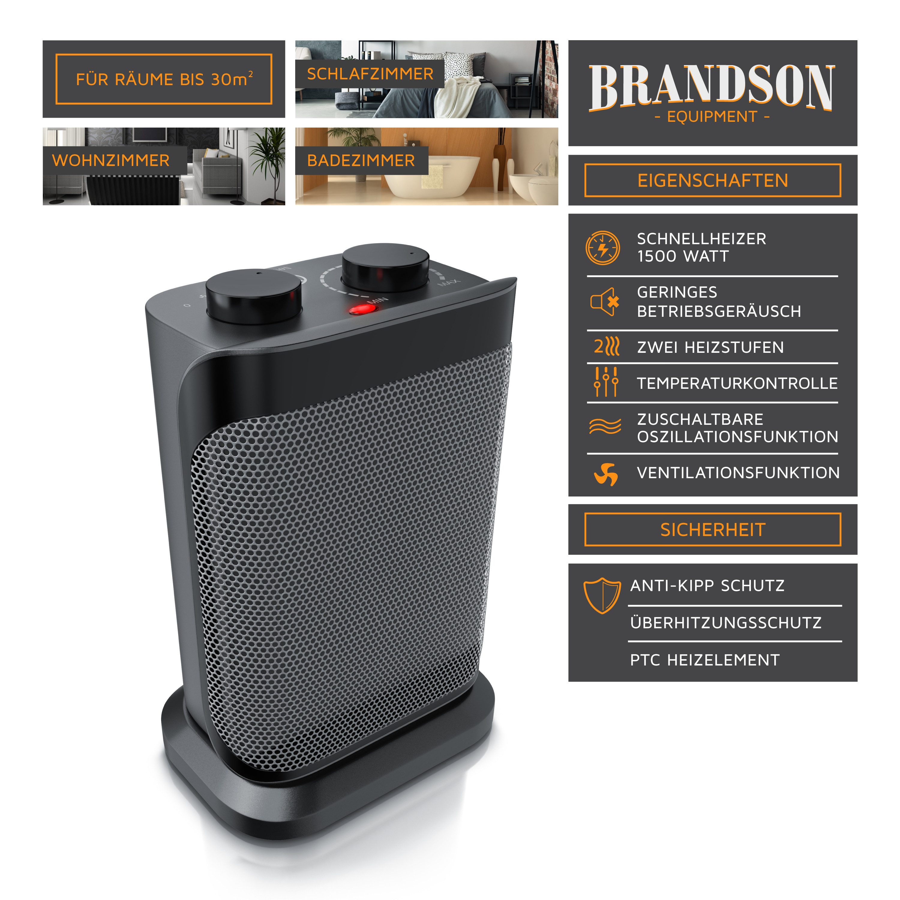 Brandson Keramikheizlüfter Keramik Heizlüfter, Oszillationsfunktion, Badezimmer Keramikheizgerät, 1500 W, Energiesparend, leise, Temperaturregelung, Thermosiche – Bild 4 von 5