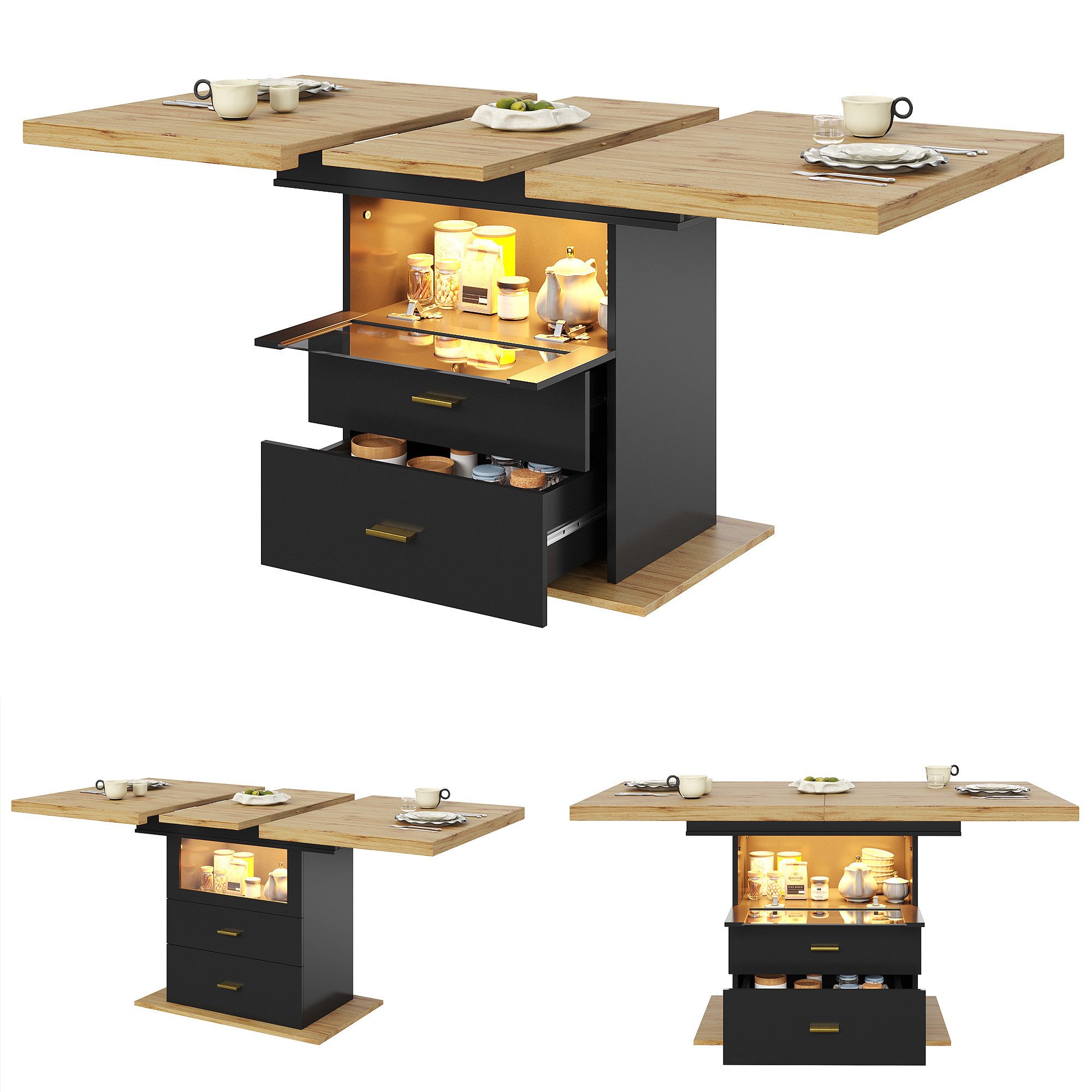 Ulife Esstisch mit LED-Beleuchtung und 2 Schubladen, Platz für bis zu 6 Personen (1-St), Ausziehbarer Küchentisch, 110140 x 80 x 75 cm