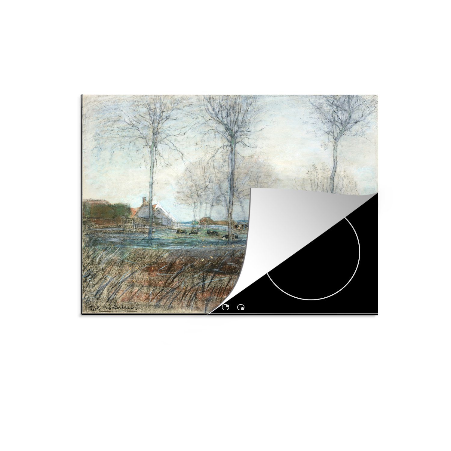 MuchoWow Herdblende-/Abdeckplatte Bauernhaus mit drei hohen Bäumen im Vordergrund - Piet Mondrian, Vinyl, (1 tlg), 59x52 cm, Ceranfeldabdeckung für die küche, Induktionsmatte