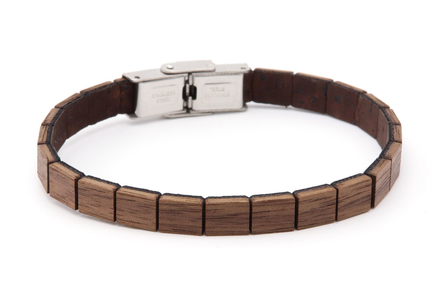 NaturSchatulle Gliederarmband aus Holz und Kork "Woody" slim (Holzschmuck, Holz Armband, Kork, Nussbaum, Edelstahl Verschluss), Unisex Schmuck Armband Holz, Armband Partnerlook, Verstellbar