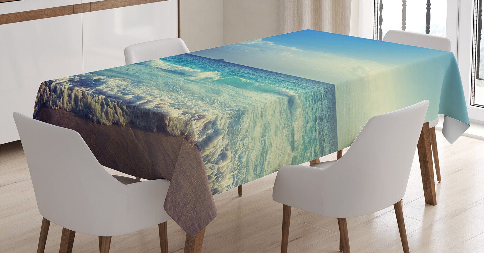 Abakuhaus Tischdecke Farbfest Waschbar Für den Außen Bereich geeignet Klare Farben, Tropisch -Strand-Sonnenuntergang Waves