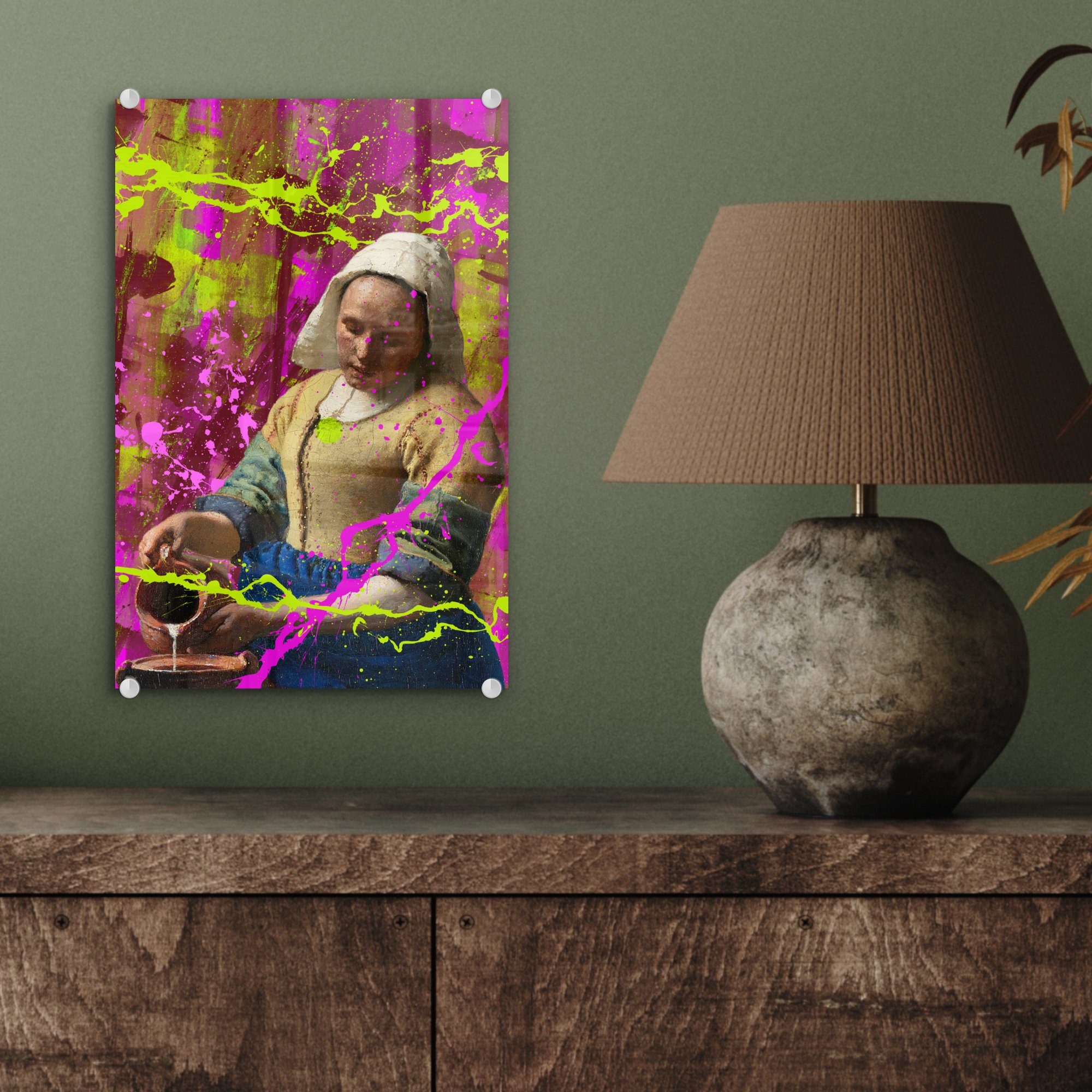 Glas MuchoWow bunt Vermeer Johannes auf - auf St), Glas Glasbilder - Milchmädchen - Wanddekoration Wandbild Foto Acrylglasbild Neon, - - Bilder (1