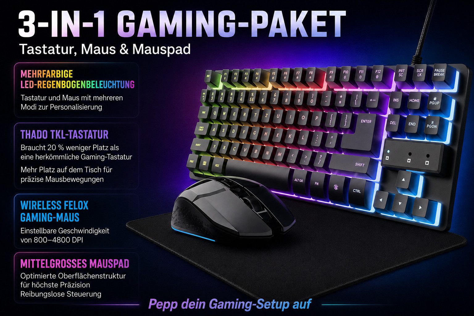 Trust Gaming Set Tastatur Maus Mauspad DE Layout QWERTZ Gaming Bundle PC Set PC-Tastatur (LED QWERTZ Tastatur Keyboard Gamer Set Equipment) – Bild 5 von 5