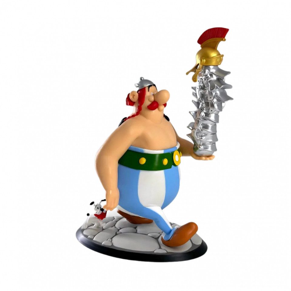 Plastoy Spiel, Sammelfigur - Obelix mit einem Stapel Helme und Idefix