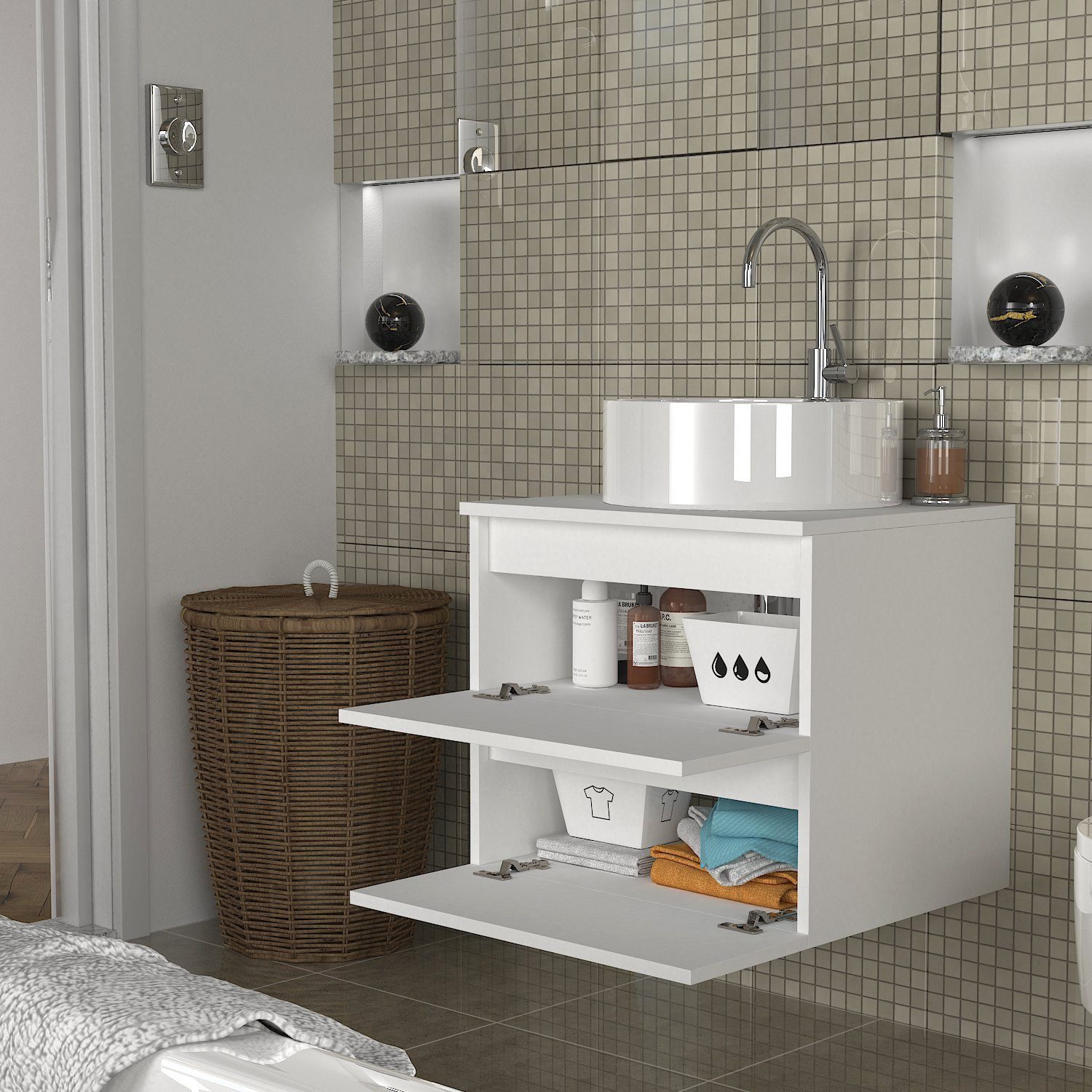 moebel17 Barschrank Waschbeckenunterschrank Hängend Carmita Weiß (Einzelmöbel, 1-St., Waschbeckenunterschrank hängend) Modern, platzsparend, pflegeleicht & robust