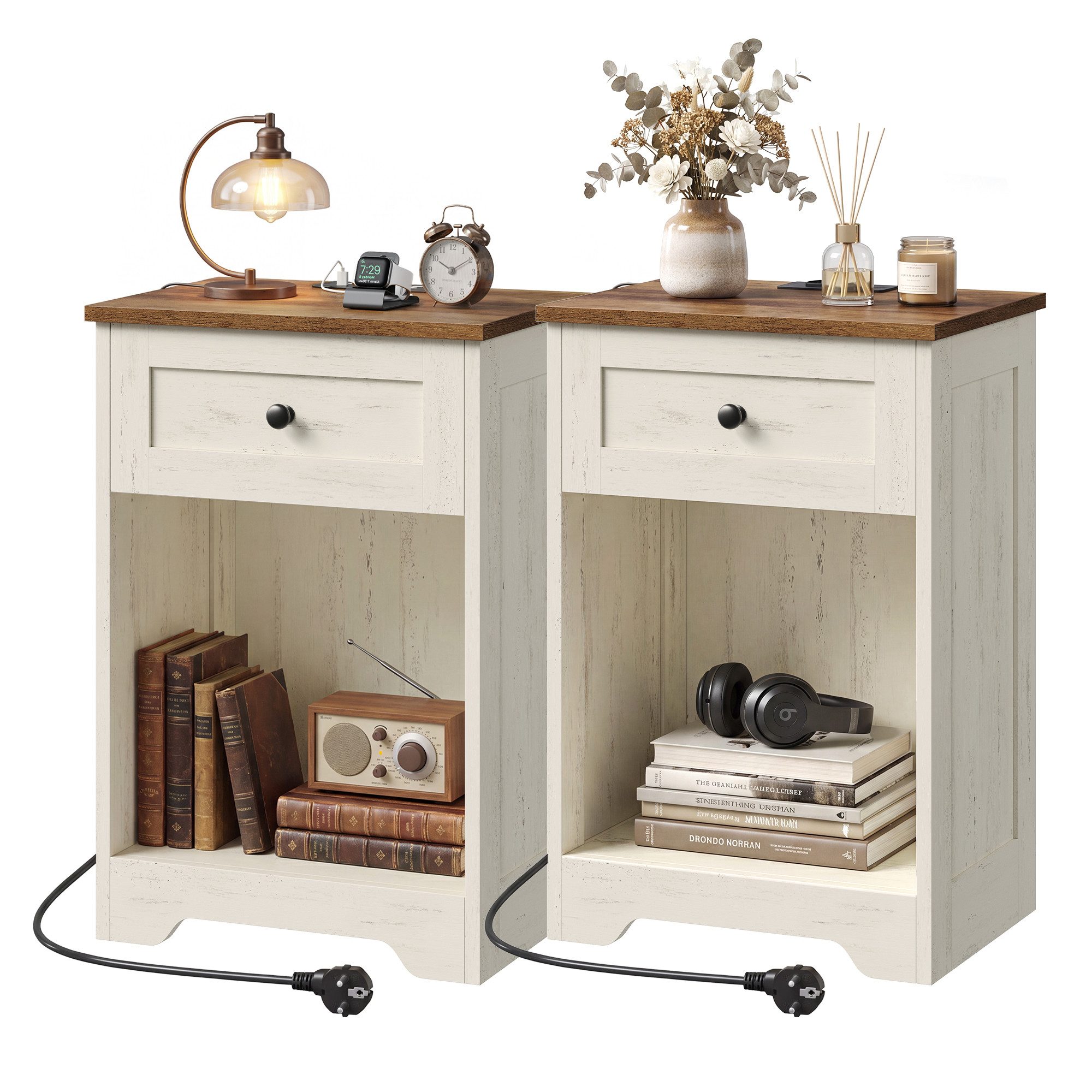 VASAGLE Nachttisch Beistelltisch aus Holzspanplatte, Landhausstil für Schlafzimmer, 2er Set mit Steckdose, USB-Anschlüssen und Schublade, 40 x 30 x 59 cm
