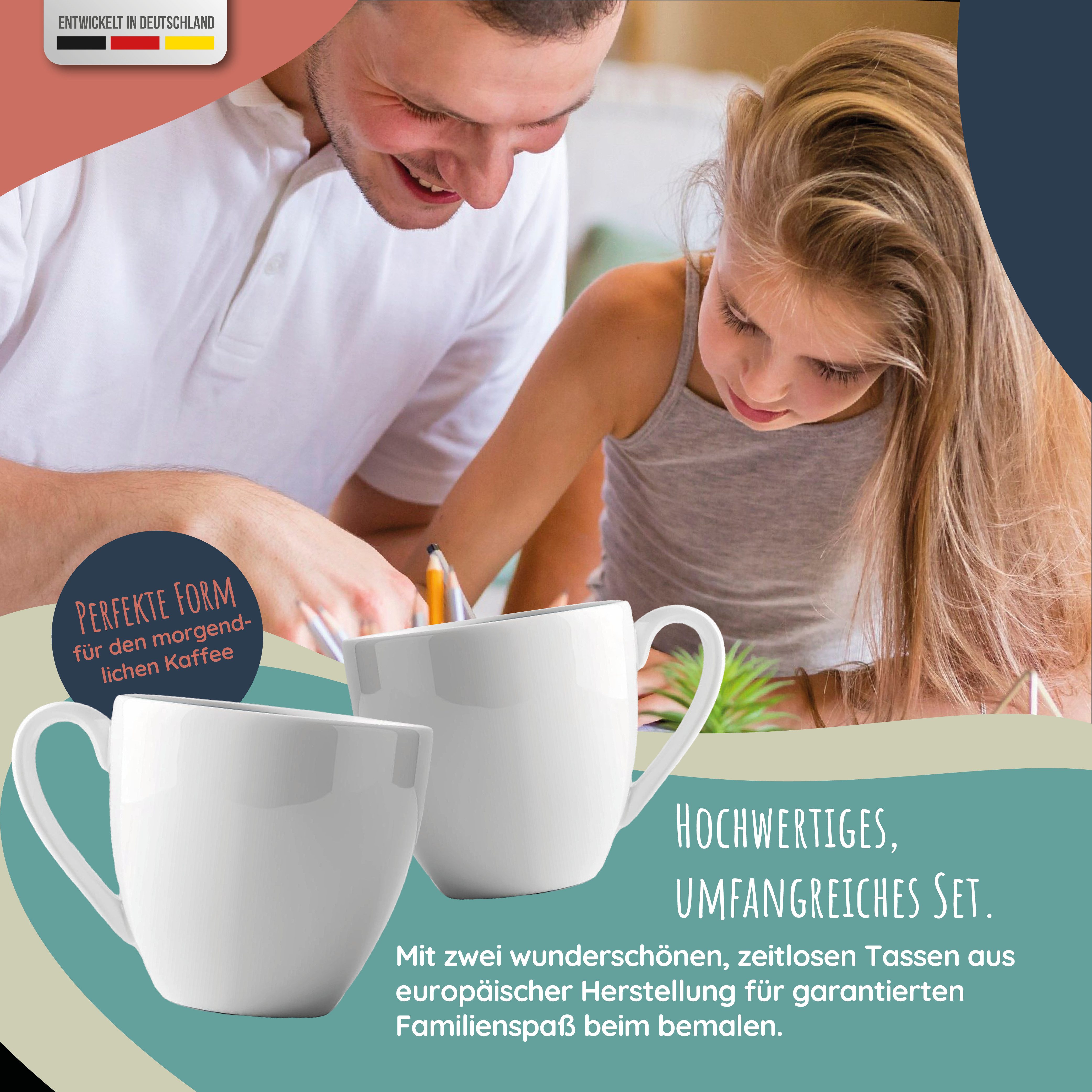 Veluxis Tasse TassenPoet Malset mit 2 Tassen (400 ml) & 6 edding Porzellanmalstiften, DIY Tassen zum bemalen - Kreatives Geschenk für Kinder & Erwachsene