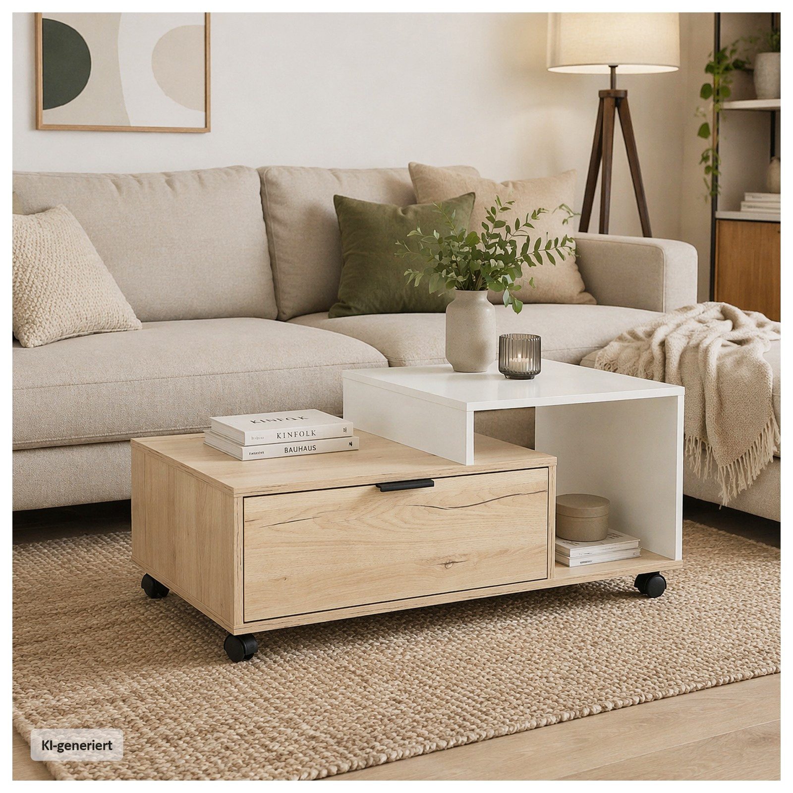 HTI-Living Couchtisch Cedrik auf Rollen mit Schublade Artisaneiche-Weiß (Stück, 1-St., 1 Couchtisch auf Rollen)