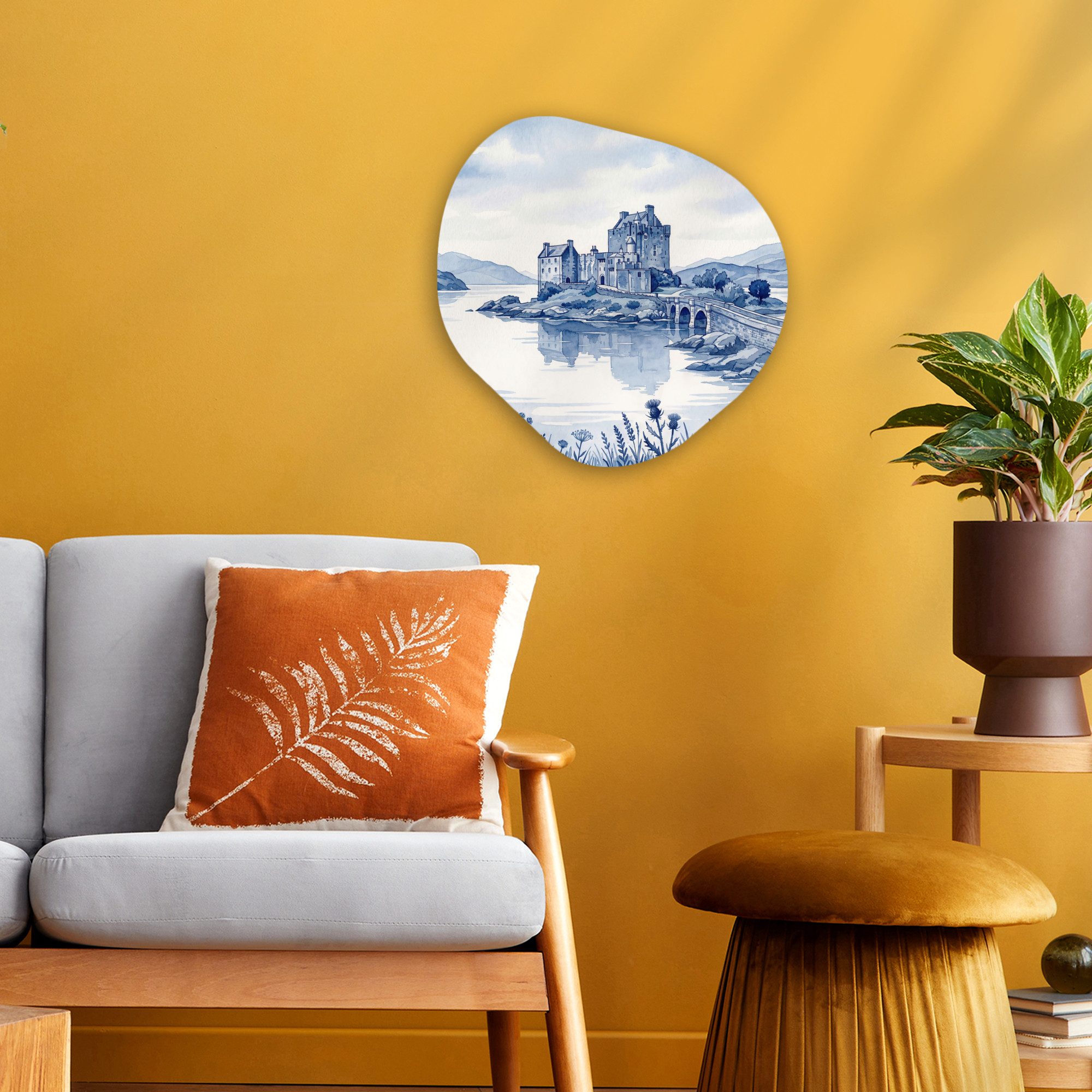 MuchoWow Gemälde Schottisch - Schloss - Blau - Aquarell, Fotodruck (1 St), Wandbild Abstrakt, Wohnzimmer Schlafzimmer Wanddekoration, 40x40 cm