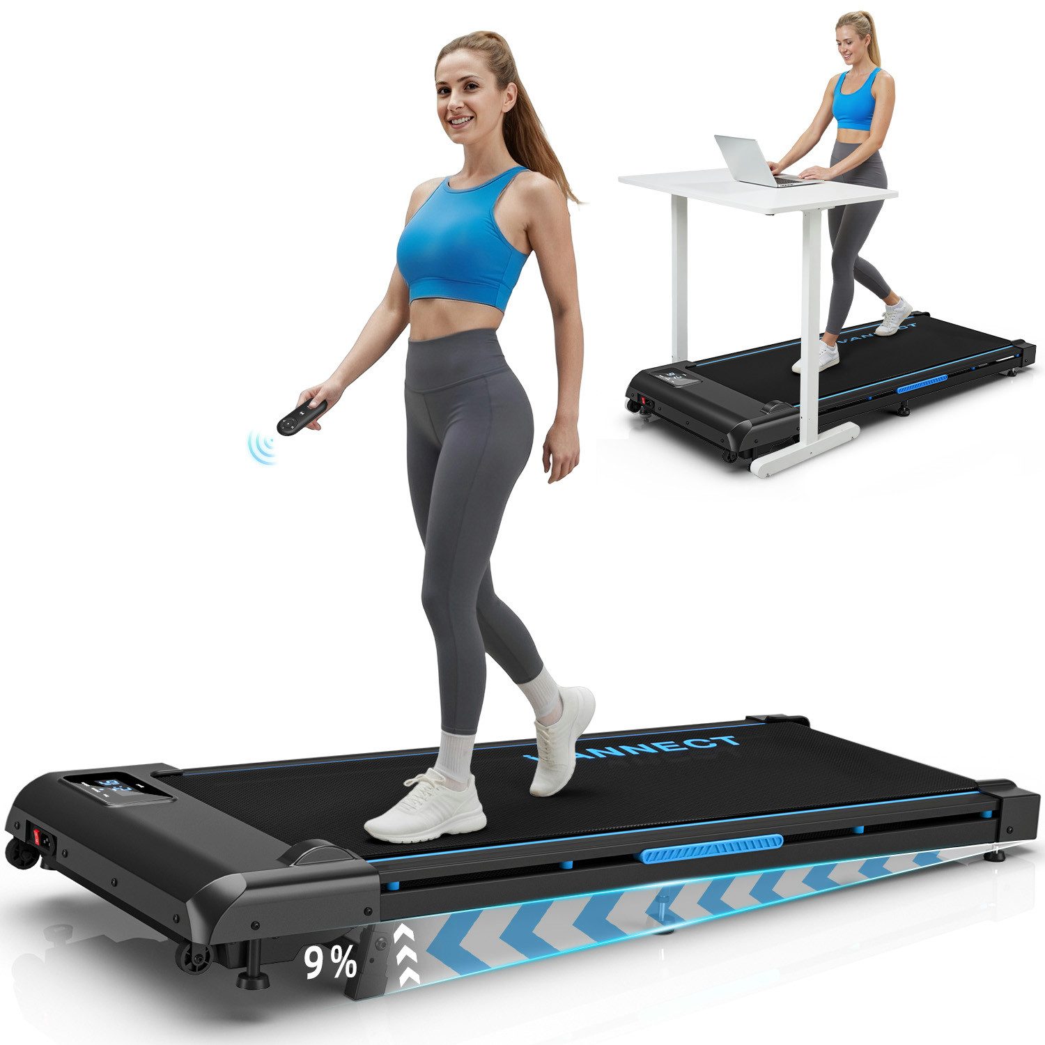 VANNECT Laufband für Zuhause mit 9% Steigung, 2,75HP Tragbares Walking Jogging Pad (1-tlg., LED-Anzeige, Magnetische Fernbedienung), 1-10KM/H, Doppelter Stoßdämpfung Bis 150kg Belastbar