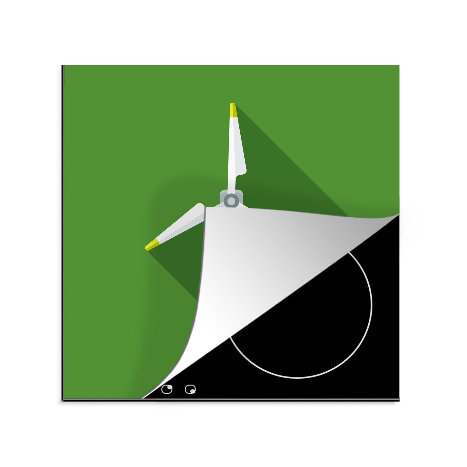 MuchoWow Herdblende-/Abdeckplatte Eine Illustration einer einsamen Windmühle auf grünem Hintergrund, Vinyl, (1 tlg), 78x78 cm, Ceranfeldabdeckung, Arbeitsplatte für küche