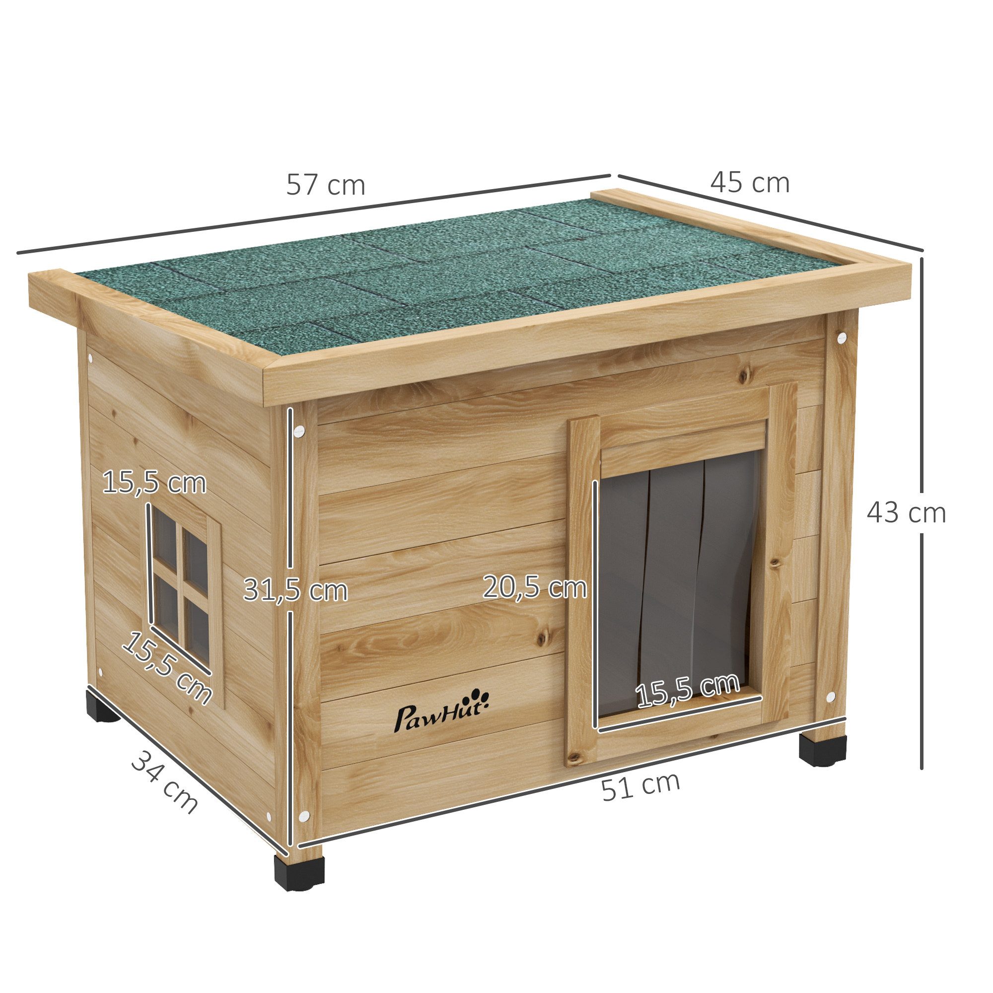 PawHut Tierhöhle Katzenhaus aus Holz, Katzenhütte Outdoor, Katzenhöhle mit Türvorhang, für Garten, Balkon, Gelb, 57 x 45 x 43 cm