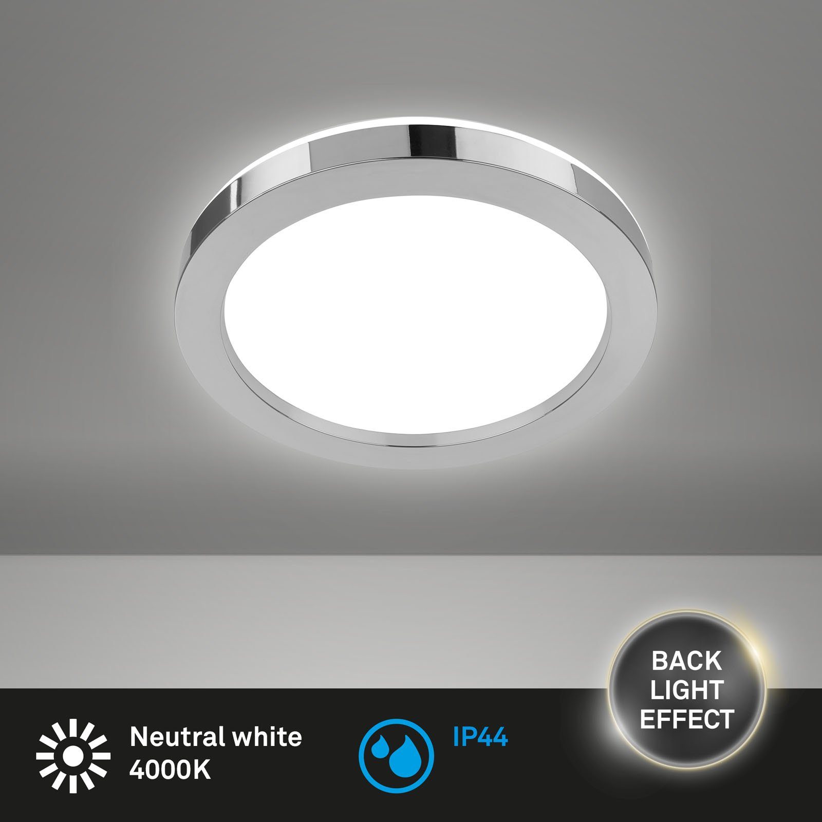 LED Neutralweiß, Backlighteffekt, chrom, 18 LED Briloner 2000  W 4000K, lm verbaut, Neutralweiß Leuchten Deckenleuchte fest IP44, 3678-018,