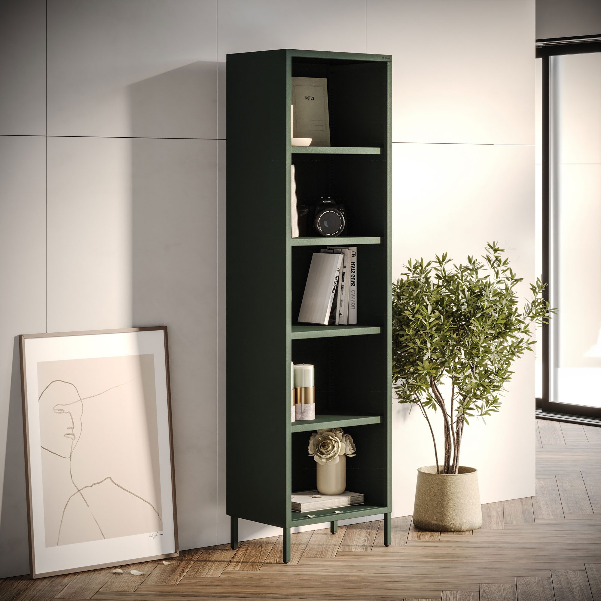 Jan Nowak Sideboard MARIO Bücherregal Schmal Metall Stahl 50x180x35cm 4 Regale Sparkling (Stahl 0,6mm, 4 Regale 40kg, 25mm Raster, Wandbefestigung möglich), Brilliance Beine regulierbar Wohnzimmer Büro