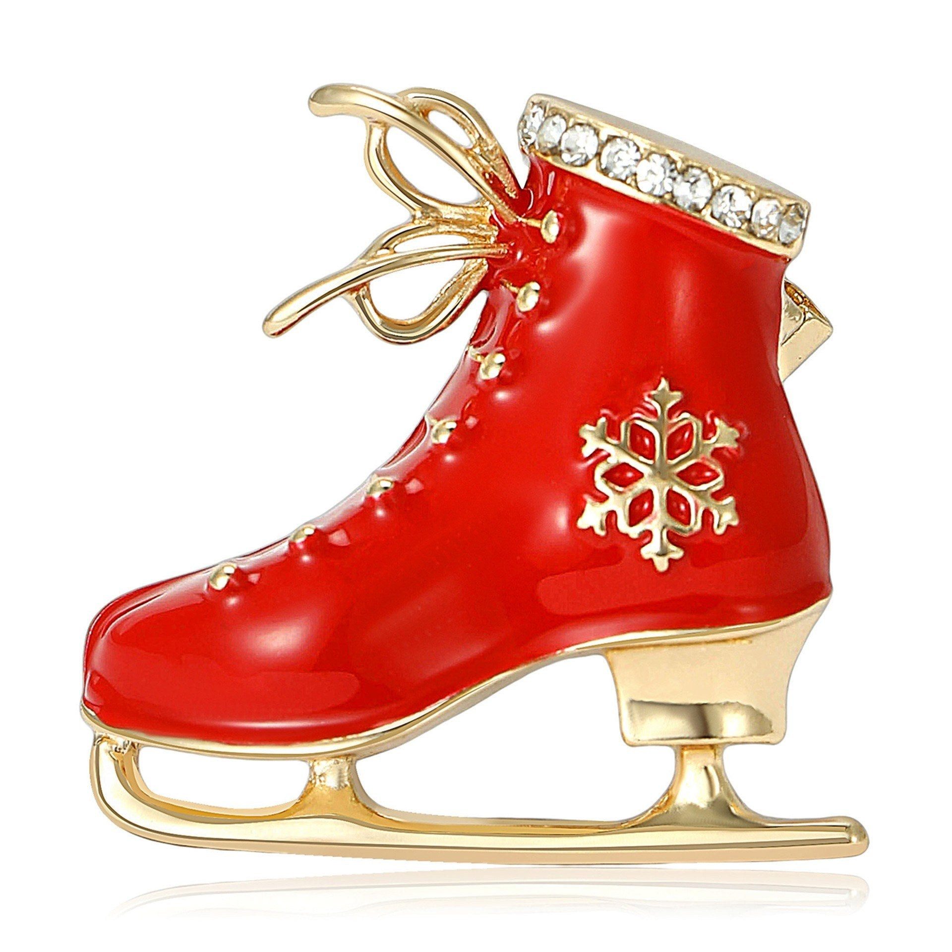 Dark-Desires Brosche Vintage Schlittschuhbrosche Rot-Gold mit Schneeflocke, Damen Brosche vintage Accesssoire retro Anstecknadel