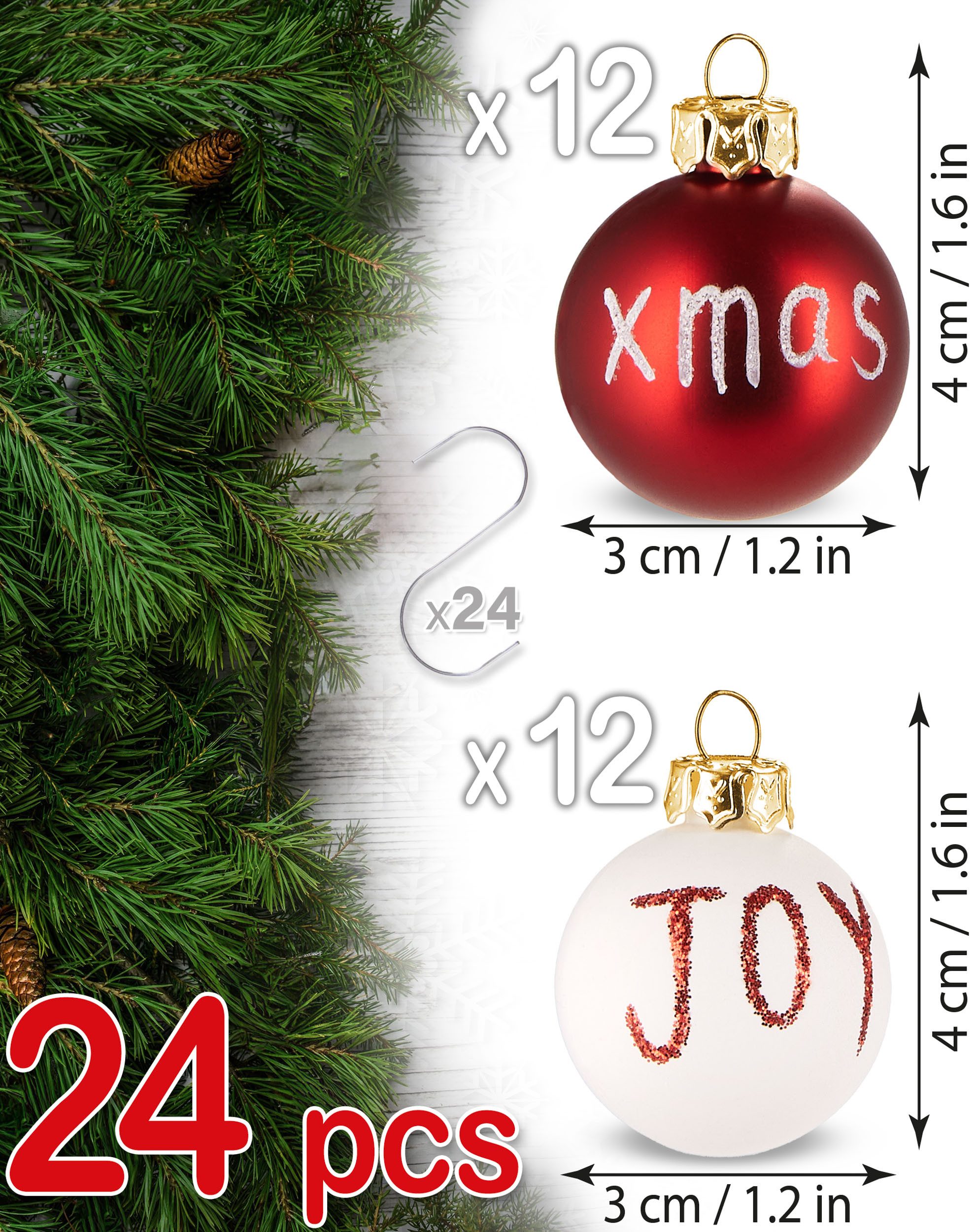 BRUBAKER Weihnachtsbaumkugel 24-teiliges Set Weihnachtskugeln Joy & Xmas - 3 cm Mini Baumkugeln (24 St), für Weihnachtsbaum - Handbemalter Christbaumschmuck Kugeln