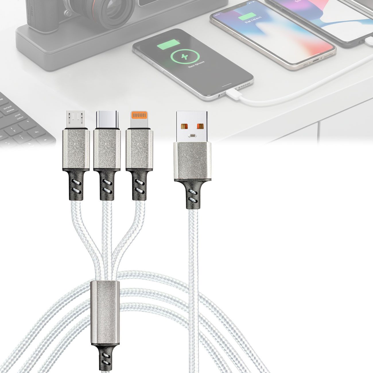 shop'n smile ideoon 3in1 Universal USB-Schnellladekabel, 25W Micro-USB, USB-C & Lightning USB-Ladegerät (1-tlg., 1er-Set & 2er-Set & 3er-Set, 3in1 Ladekabel 120cm / 25W Schnellladefunktion & Textilummantelung)