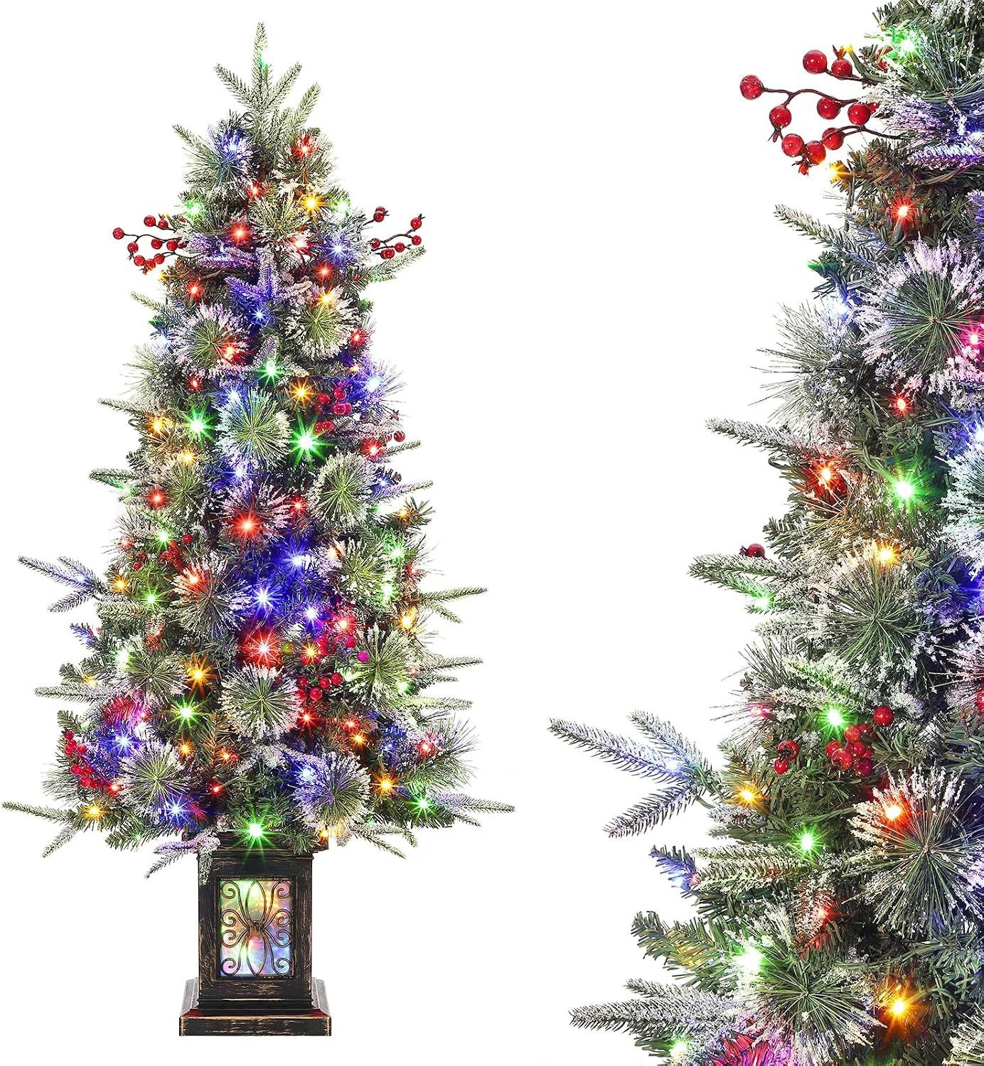 GarveeMore Künstlicher Weihnachtsbaum 120cm mit 150 Warmweißen und Mehrfarbigen LED-Lichtern, 9 Modi, LED-Beleuchtung, PVC-Zweigspitzen, leuchtender Vintage-Blumentopf, 120 cm, LED-Beleuchtung, batteriebetrieben, Schalter, Schraubendreher
