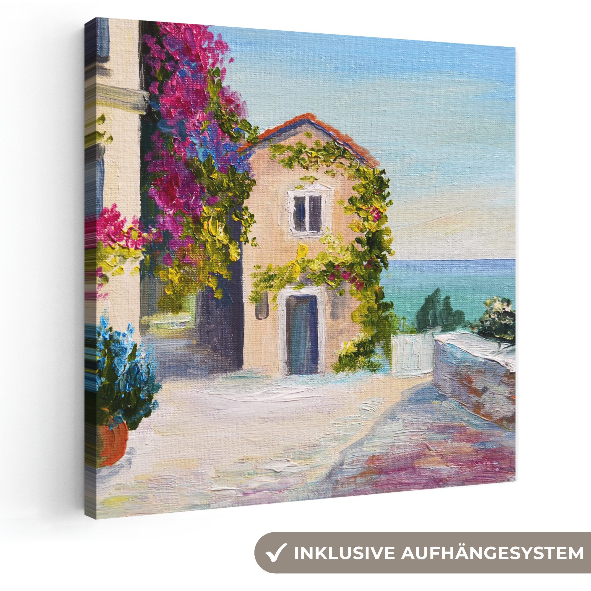 OneMillionCanvasses® Leinwandbild Malerei - Haus - Ölfarbe - Dorf, Fotodruck (1 St), Wandbild, Deko Schlafzimmer Wohnzimmer Flur 20x20 cm