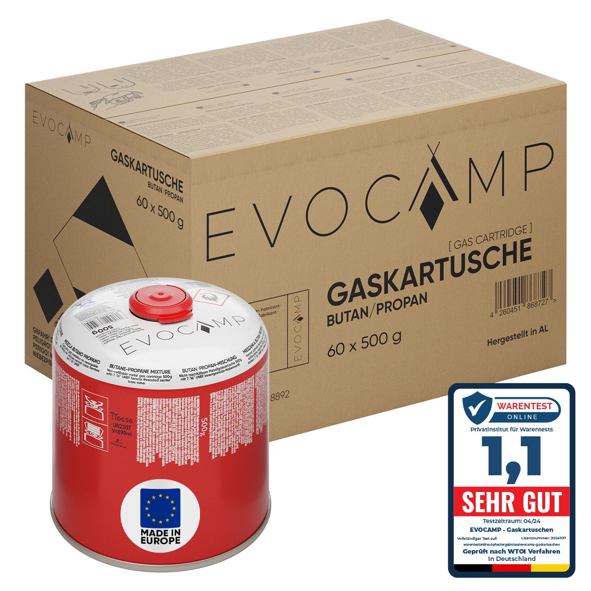 EVOCAMP Gaskartusche 60x Butangas Kartuschen 500g, Schraubkartusche mit Butan/ Propan Gas, 60 St.