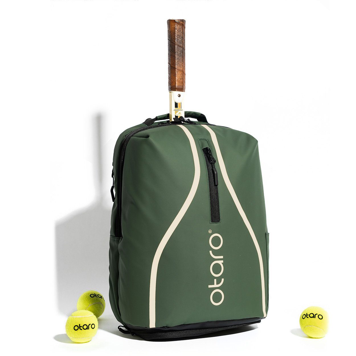 Otaro Tennisrucksack Tennisrucksack mit Schuhfach, Classic 32L (Innovative Tennistasche, Perfekt durchdacht, mit Regenschutz + Wäschebeutel, für Tennis + Badminton), Aus wasserabweisender LKW-Plane Wimbledon Grün