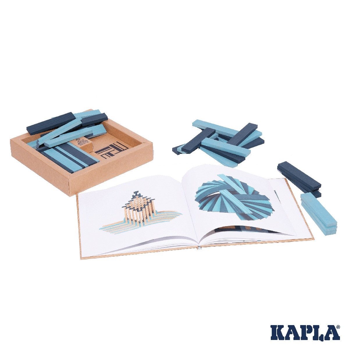 KAPLA® 40 Holzbausteine blau mit Ideenbuch, Pinienholz, ab 2 Jahren Spielbausteine